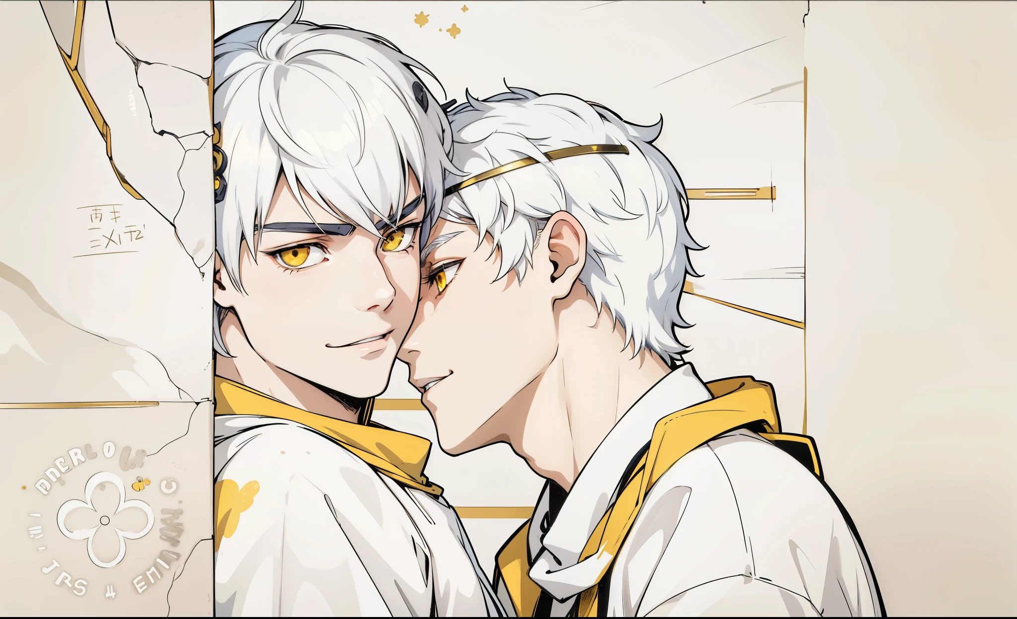 (estilo anime 2d plano)e 16-ar-boy sks evil with hate with a mischievous smile, malevolent irony, white hair, yellow eyes, golden gold headband jewelry.