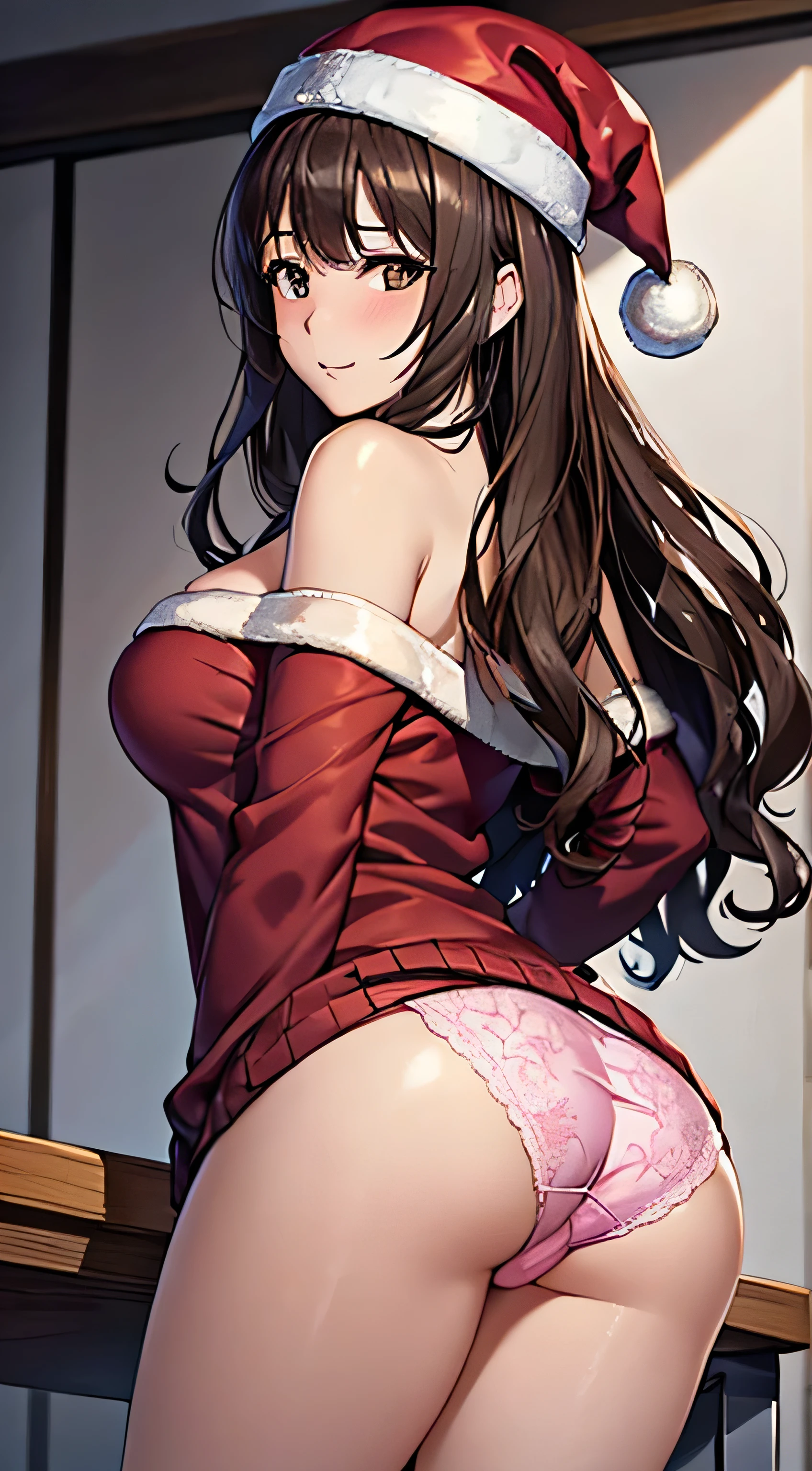 ((Tabletop, highest quality, High resolution, , Pixel perfect, 4K,))), 1 female teacher, single, alone, beauty、The whole body is visible、 ((Long Wavy Hair, bangs, Brown Hair)), ((Brown eyes, Beautiful eyelashes, Realistic eyes)), ((Detailed face, Blushing:1.2)), ((Smooth texture:0.75, Realistic texture:0.65, Realistic:1.1, Anime CG Style)), Big Breasts, Dynamic Angle, Perfect body, (( , , Santa Claus Cosplay Hat、 Santa Claus cosplay off-shoulder sweater,、Santa Claus cosplay mini skirt、pink floral lace panties 、)), 、、Very embarrassing panic smile, 、、classroom、、Leaning forward、、look back、Stick your butt out、No bra、 、Angle from below)、