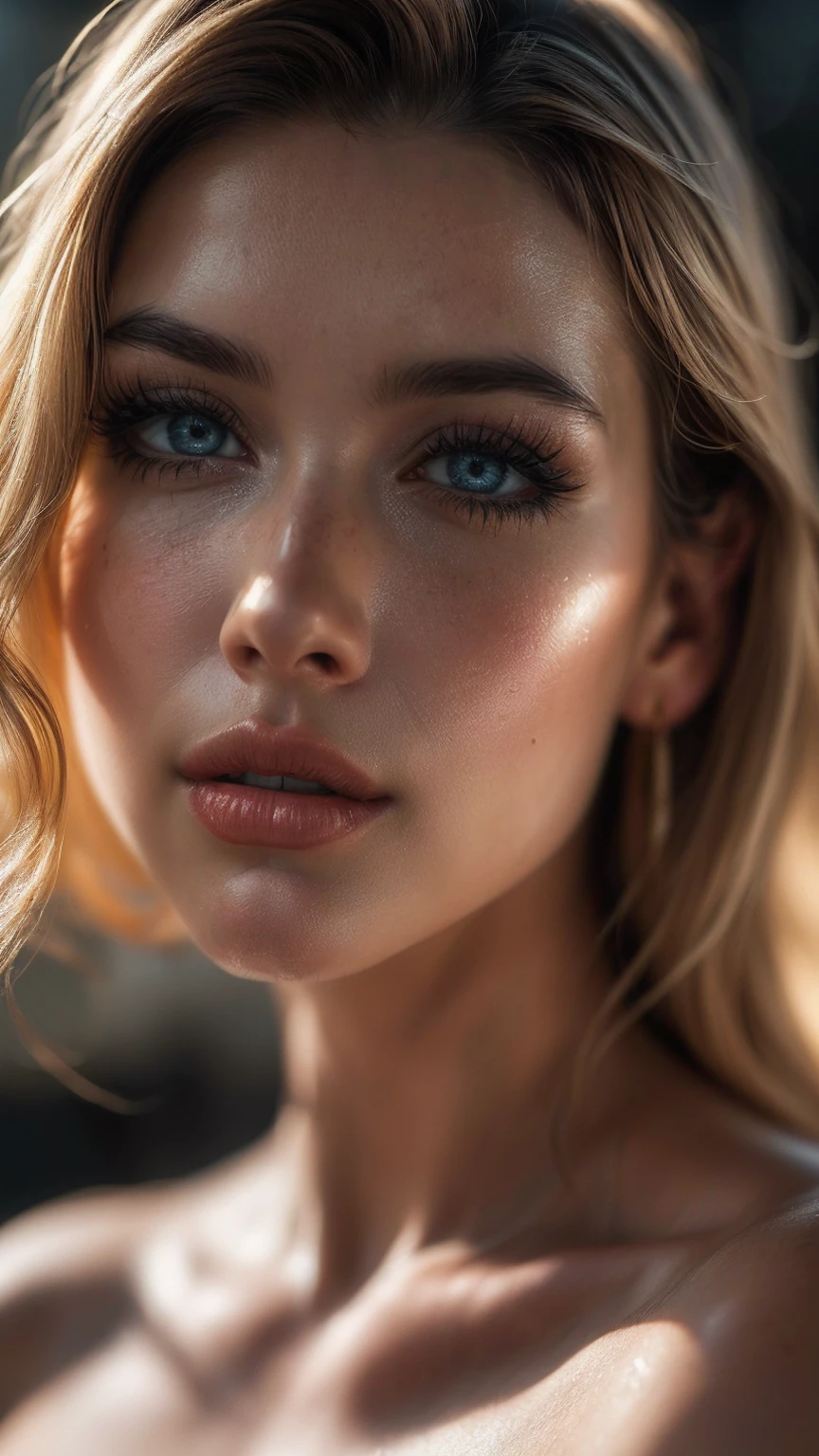 (((Ultra-realistic))), (artistic realization), (ultra-detailed face and eyes: 1.4), 1 girl, (blonde) , (naked) , (thick tousled hair), Detailed eyes, (large detailed lipakeup, (Natural breastany sakura flowers around, close-up, close to the camera)), Dark atmosphere of the frame, (ultra detailed), smile