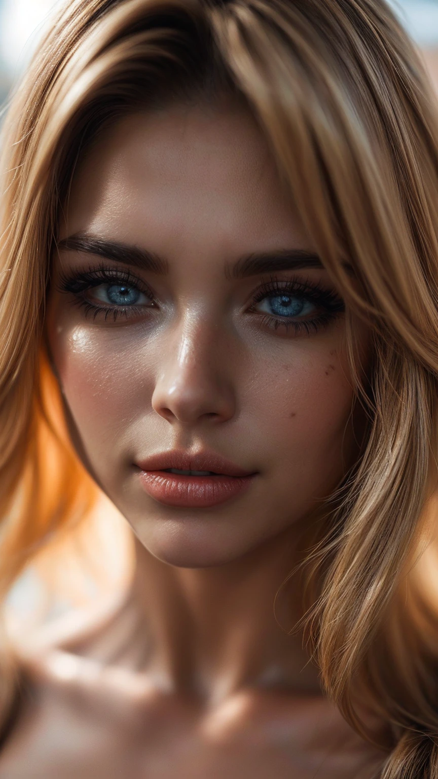 (((Ultra-realistic))), (artistic realization), (ultra-detailed face and eyes: 1.4), 1 girl, (blonde) , (naked) , (thick tousled hair), Detailed eyes, (large detailed lipakeup, (Natural breastany sakura flowers around,  close-up, close to the camera)), Dark atmosphere of the frame, (ultra detailed), smile