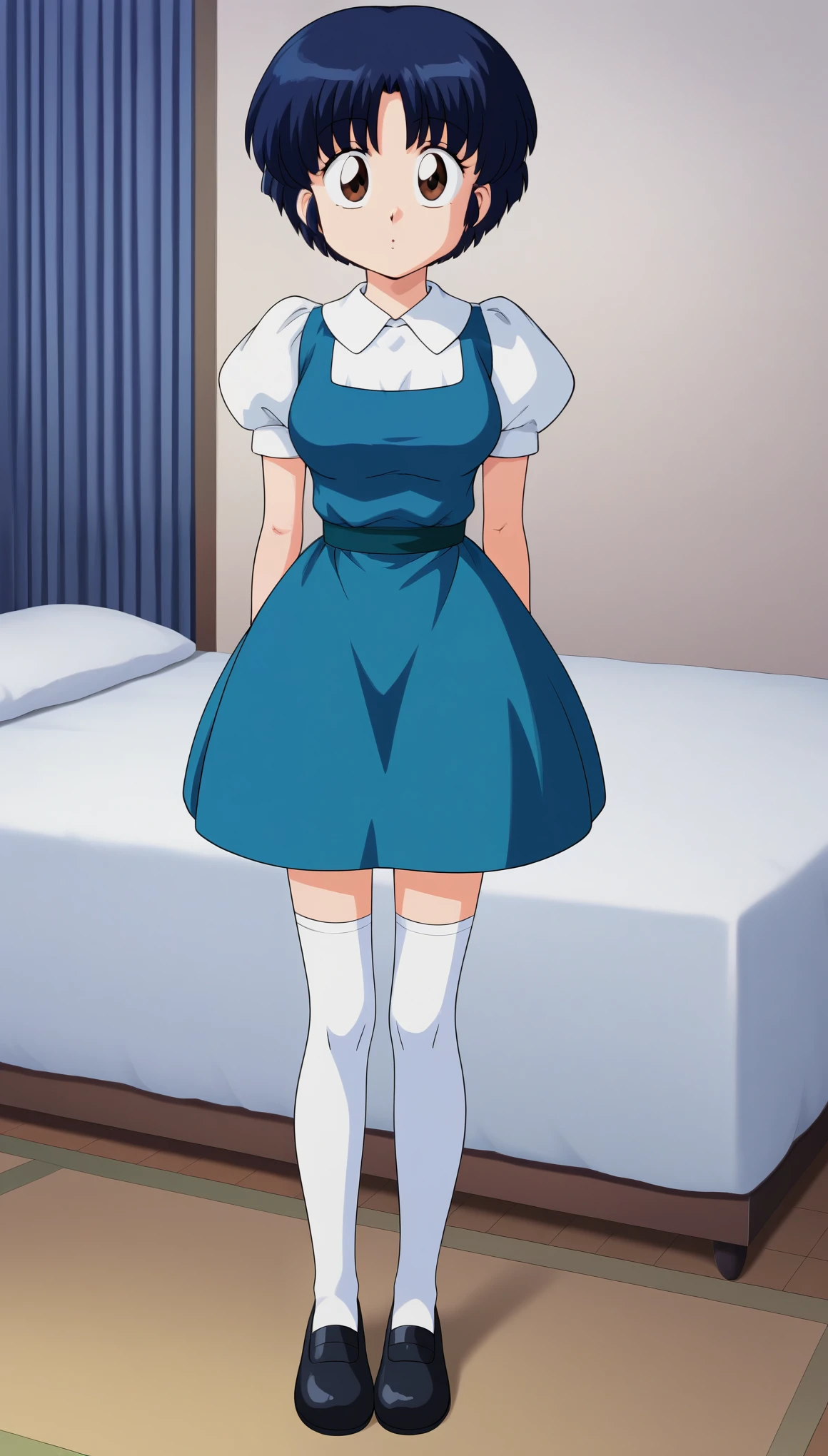 AkaneTendouRXL, 18years, big eyes, brown eyes, dark blue hair, short hair, bangs, medium breasts, shirt collar, white shirt, blue dress, short sleeves, puffy sleeves, white stockings, black shoes, (solo), standing, looking at viewer, indoors