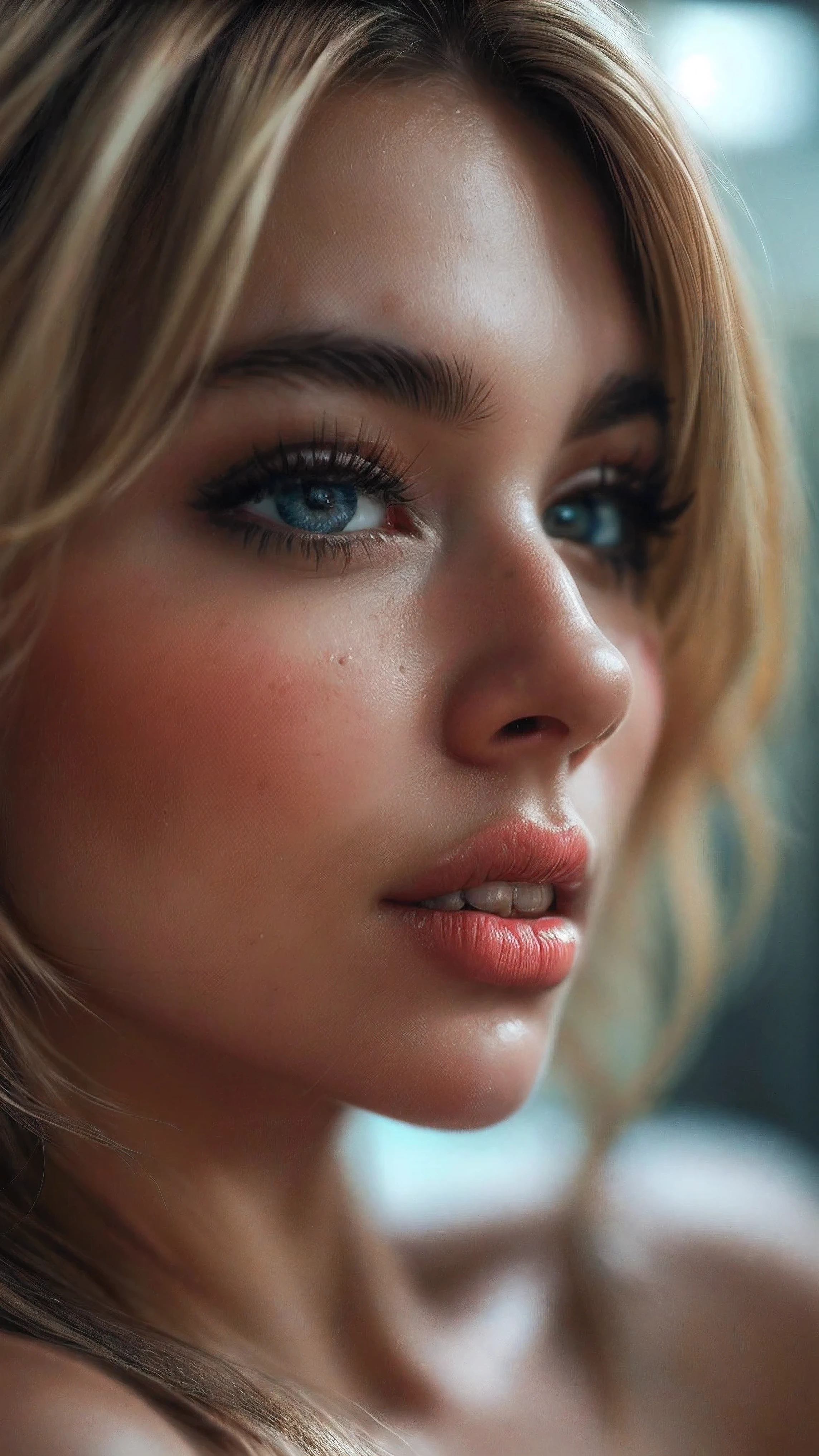 (((Ultra-realistic))), (artistic realization), (ultra-detailed face and eyes: 1.4), 1 girl, (blonde) , (naked) , (thick tousled hair), Detailed eyes, (large detailed lipakeup, (Natural breastany sakura flowers around,  close-up, close to the camera)), Dark atmosphere of the frame, (ultra detailed), smile
