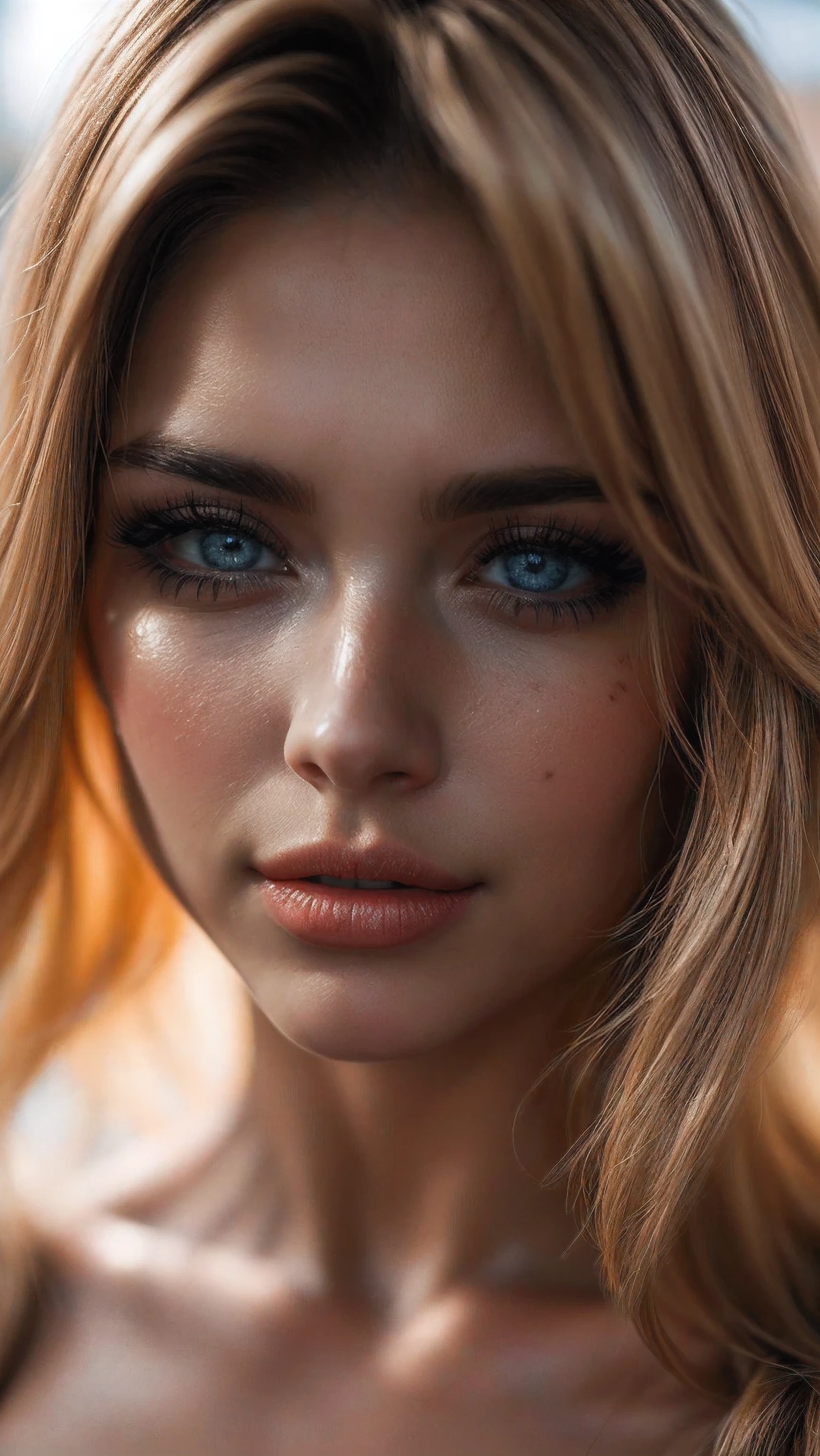 (((Ultra-realistic))), (artistic realization), (ultra-detailed face and eyes: 1.4), 1 girl, (blonde) , (naked) , (thick tousled hair), Detailed eyes, (large detailed lipakeup, (Natural breastany sakura flowers around,  close-up, close to the camera)), Dark atmosphere of the frame, (ultra detailed), smile