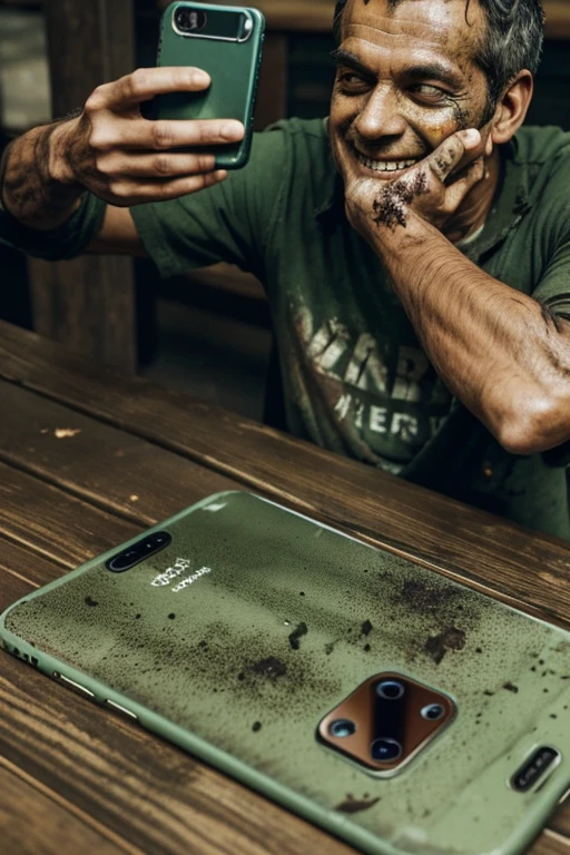 Zombie, male, middle-aged, decay, green skin tone, dirty full-body photo, very worn-out clothes, looking at smartphone screen, touching smartphone, dirty skin, dirty hands, taking selfie, full body visible, smiling, jumping for joy, at Starbucks Sitting at the table