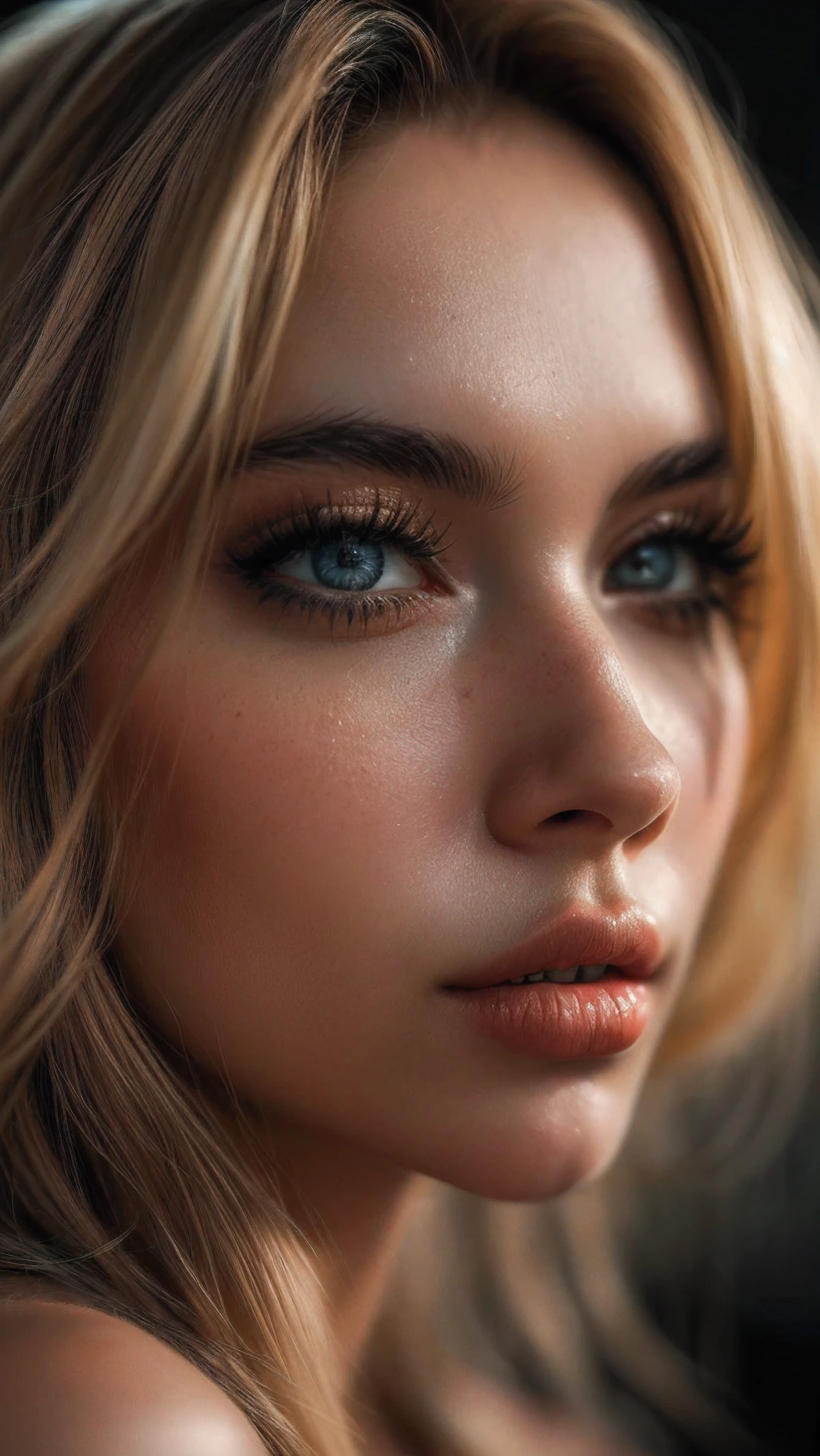 (((Ultra-realistic))), (artistic realization), (ultra-detailed face and eyes: 1.4), 1 girl, (blonde) , (naked) , (thick tousled hair), Detailed eyes, (large detailed lipakeup, (Natural breastany sakura flowers around,  close-up, close to the camera)), Dark atmosphere of the frame, (ultra detailed), smile