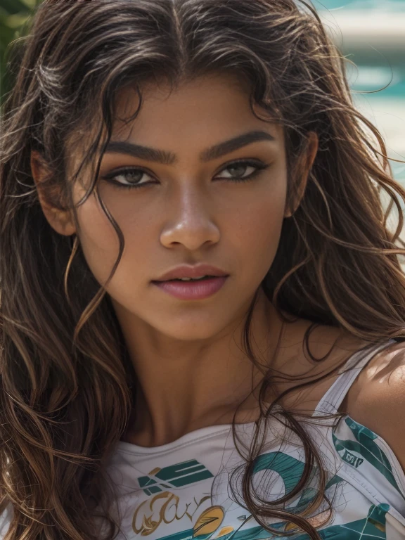 (Masterpiece, best quality, photorealistic, highres, photography, :1.3), close-up shot, sharp focus, Zendaya, realistic skin, wet body, beautiful midriff, slender body shape, natural breasts, (side swept long hair, extremely detailed hair), delicate sexy face, sensual gaze, ((wearing wet bikini)), leaning in pool, ((realistic, super realistic, realism, realistic detail)), back