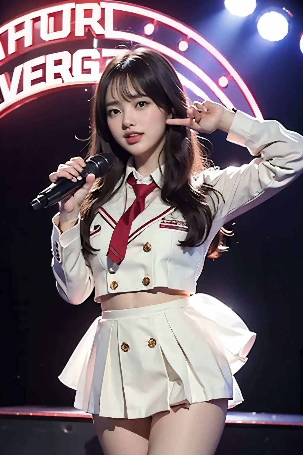 Realistic, High resolution, Wide lips,round face,Realistic skin texture,Genuine,Detailed face,high school girl,White skin,whole bodyショット,Schoolの制服,smile,Model-like style,whole body,schooluniform,Captivating look,Thin legs,Grown-up face,School,whole body写真,A girl holds back her pounding heart,The expression of tension and expectation on his face,New song cover photo,Retro photo style,Sing with a microphone,Looking at the audience,Group Idol,Girls having fun