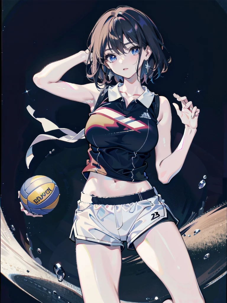 absurdres, RAW photo, extremely delicate and beautiful, masterpiece, Best Quality, ultra high resolution, 32k, hyperrealistic, ultra-detailed, detailed description, pale skin, 20 years old, detailed beautiful face and eyes, tearful mole, earring, (Colossal tits), short medium hair, wavy hair, full body shot, alone, bare legs, (volleyball uniform), shorts, midriff, sleeveless,