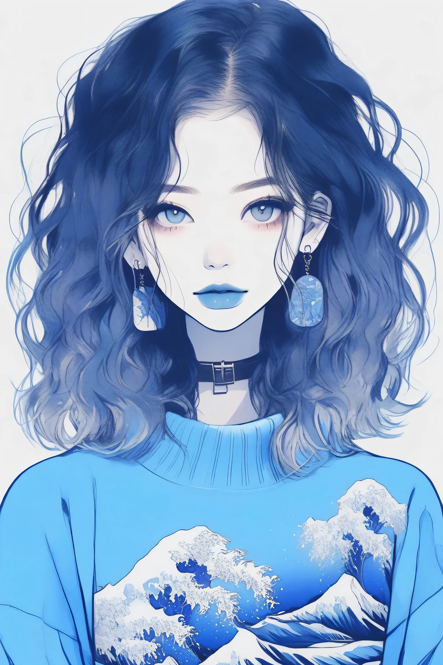 ilustrador, Desenhos animados japoneses , real ,Outline , 1 garota, ,lips, Sweater,ordem, Fundo gradiente azul, cabelo neon,Acabamento texturizado, canadense, (Obra de arte,melhor qualidade) Ganyou