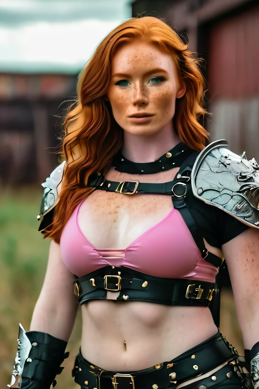 (masterpiece, best quality:1.2), 1girl, full body, 25-year-old ginger woman, 5'6", 138 lbs, long wavy hair, freckles, light green eyes, expressive face, pale skin, large breasts, runner's body, four pack abs, 🫏🍎, (textured skin, skin pores:1.1), (moles:0.8), goosebumps, (extremely detailed 8k wallpaper), natural lighting, high quality, film grain, Fujifilm X-T30, f 5.6, 50mm, High Detail, Sharp focus, (natural light), (seductive), Jade, in a pink and black outfit wearing a wolf skull, skulls at hips, post apocalyptic armor, wearing pink and black kevlar battle armor, the huntress, very stylish urban fantasy armor, wearing urban fantasy armor, urban warrior princess, black armor, urban themed armor, very beautiful lingerie top model, epic urban warrior, urban fantasy battle clothing