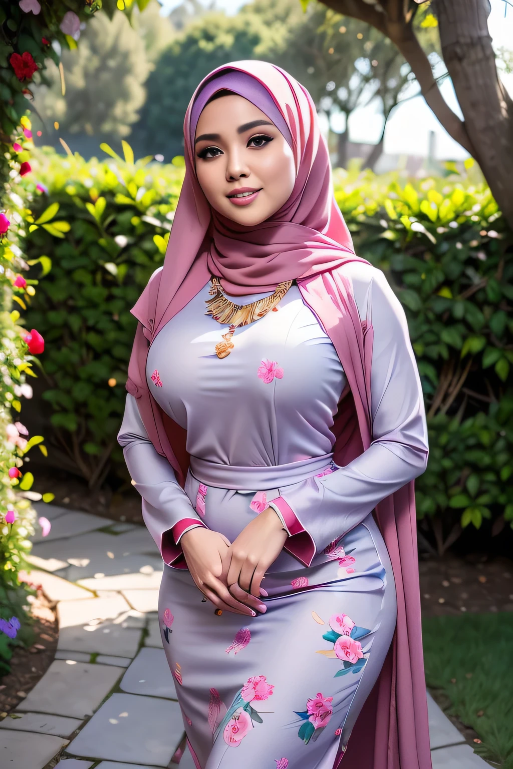 RAW, Best quality, high resolution, Masterpiece: 1.3), Beautiful Malay woman in hijab, Masterpiece, Perfect slim body, ((Big breasts)), Beautiful big eyes, water eyes, Soft smile, ((wearing tight red pastel floral malay gamis with closed hijab)), simple diamond necklace, ((closed clothes), ((polite clothes)), windy, skin details, skin texture details, wide hips, thick thighs, sexy body, morning time, laughing, happy, bright sunlight, flower garden path, blurred background, bokeh,