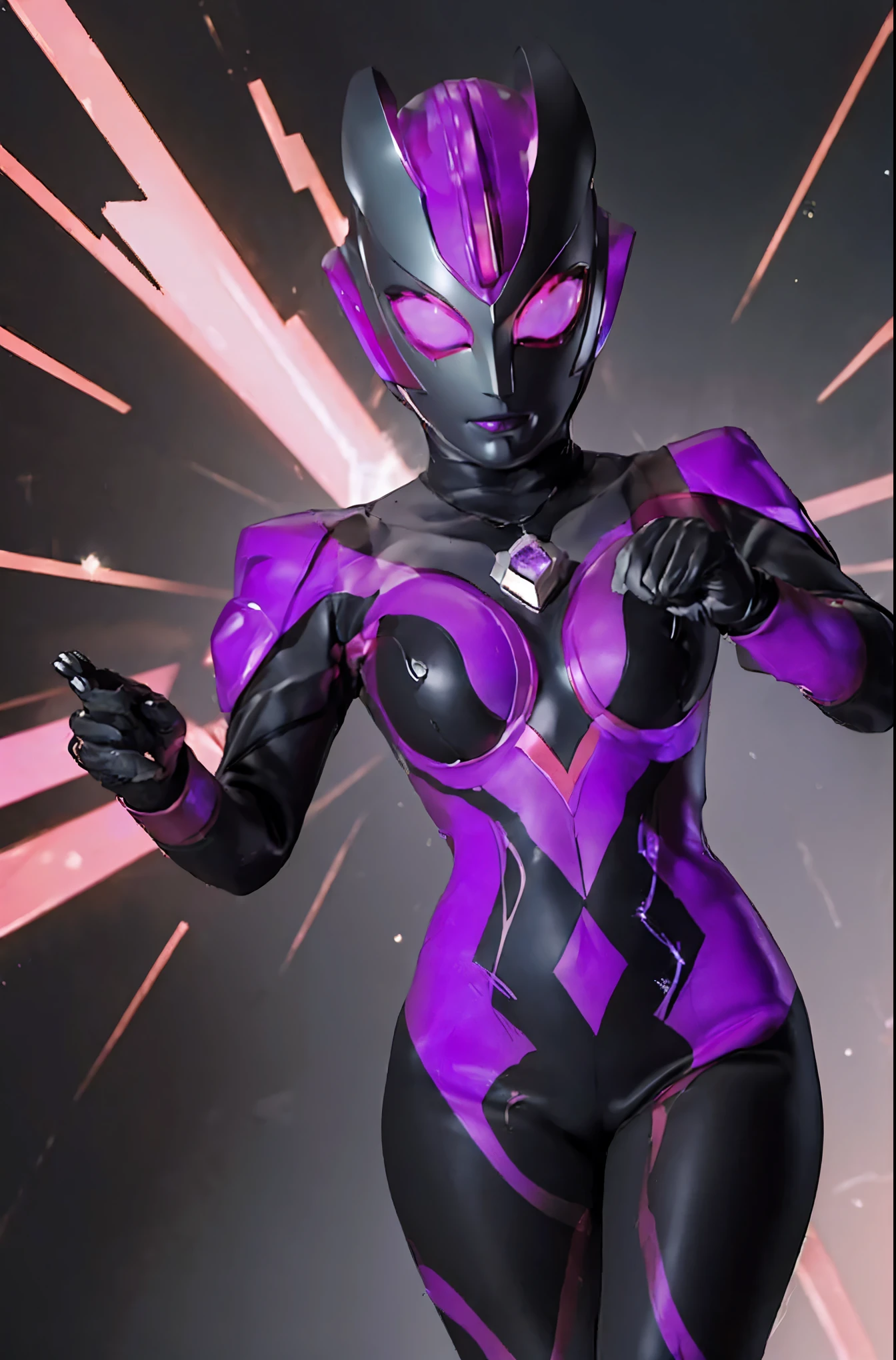 Ultraman Woman. (high quality)(luster)((Black Face and red eyeline))(Black and purple thema color)women only. The whole body is covered with a black bodysuit. Spike decoration. Pink lines all over the body. Heart tattoo . purple coloreye. pink glow crystal. Lift both hands. pink sharp claw. Turn around pose. buttocks. Night background.