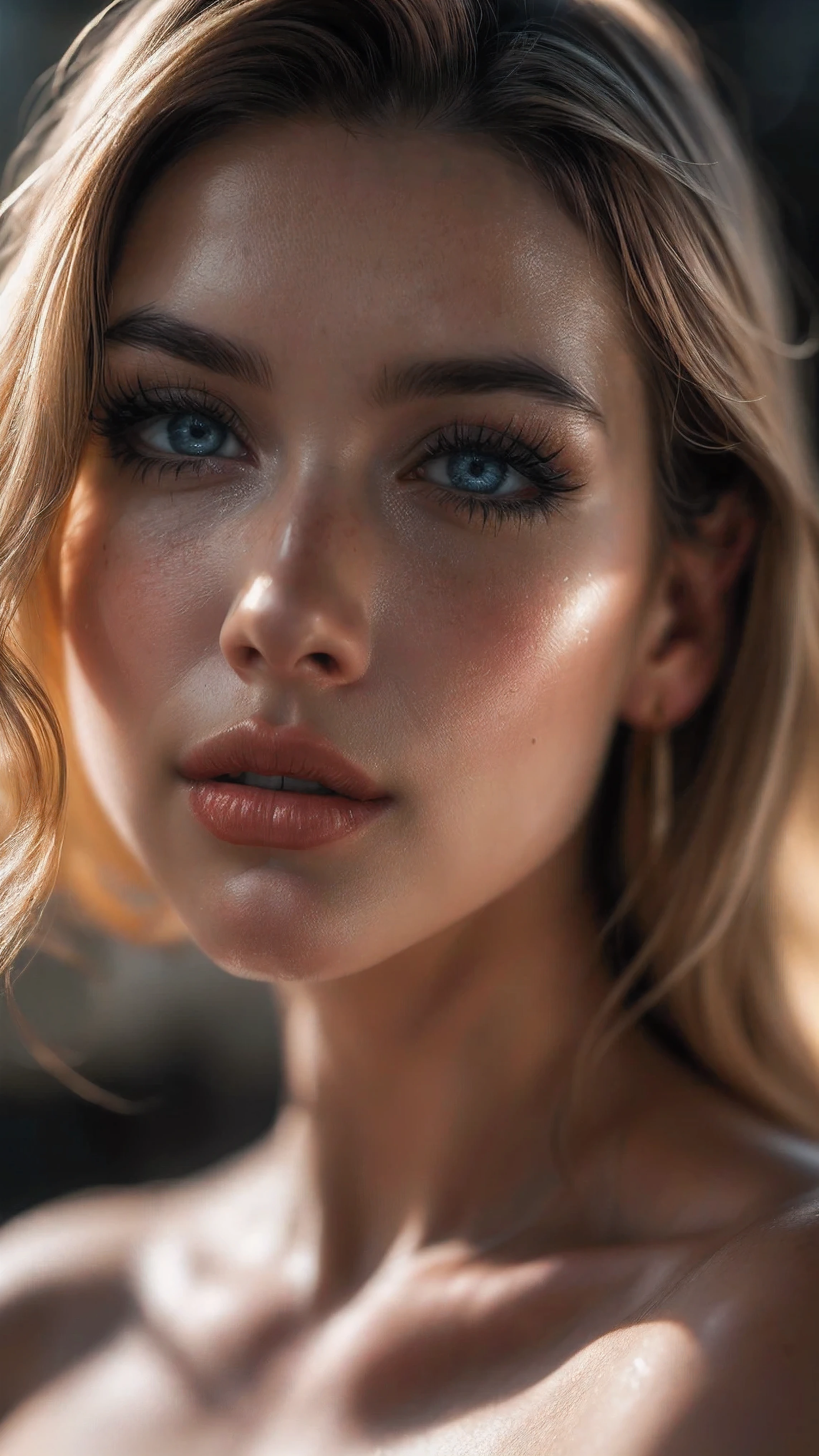 (((Ultra-realistic))), (artistic realization), (ultra-detailed face and eyes: 1.4), 1 girl, (blonde) , (naked) , (thick tousled hair), Detailed eyes, (large detailed lipakeup, (Natural breastany sakura flowers around, close-up, close to the camera)), Dark atmosphere of the frame, (ultra detailed), smile