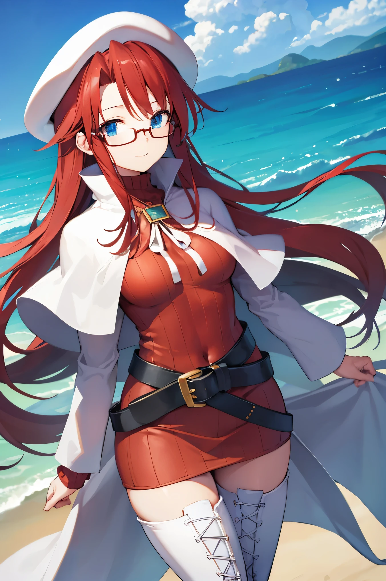 summonnightaty, aty, (young:1.3),long hair, blue eyes, red hair, big_berets, hat, glasses,
BREAK long hair, thighhighs, hat, dress, boots, glasses, belt, cape, sweater, zettai ryouiki, beret, thigh boots, white footwear, ribbed sweater, loose belt,solo,
BREAK outdoors, fantasy,on_beach,
,Highquality_hads,perfect_fingers,
BREAK (masterpiece:1.2), best quality, high resolution, unity 8k wallpaper, (illustration:0.8), (beautiful detailed eyes:1.6), extremely detailed face, perfect lighting, extremely detailed CG, (perfect hands, perfect anatomy),covered_nipples,covered_navel ,half_eyes,long_sword,sleepy,standing,red_sweater,apart_knees,magical_effect,spread_legs, have_a_book,teacher,rise_knee,Smile,rise_hand,look_down_viewer,spread_arms,sea​_waves