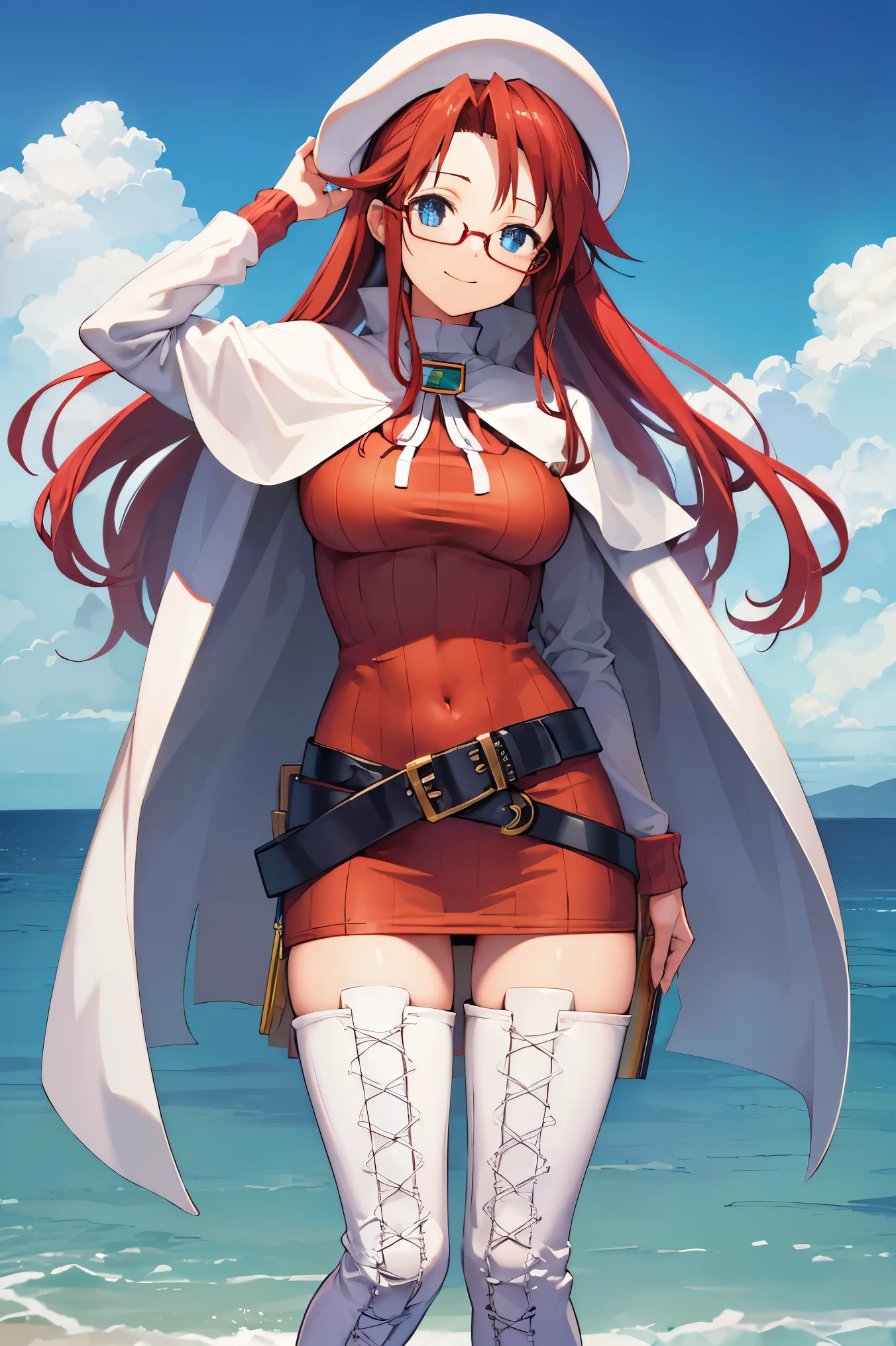 summonnightaty, aty, (young:1.3),long hair, blue eyes, red hair, big_berets, hat, glasses,
BREAK long hair, thighhighs, hat, dress, boots, glasses, belt, cape, sweater, zettai ryouiki, beret, thigh boots, white footwear, ribbed sweater, loose belt,solo,
BREAK outdoors, fantasy,on_beach,
,Highquality_hads,perfect_fingers,
BREAK (masterpiece:1.2), best quality, high resolution, unity 8k wallpaper, (illustration:0.8), (beautiful detailed eyes:1.6), extremely detailed face, perfect lighting, extremely detailed CG, (perfect hands, perfect anatomy),covered_nipples,covered_navel ,half_eyes,long_sword,sleepy,standing,red_sweater,apart_knees,magical_effect,spread_legs, have_a_book,teacher,rise_knee,Smile,rise_hand,look_down_viewer,spread_arms,sea​_waves