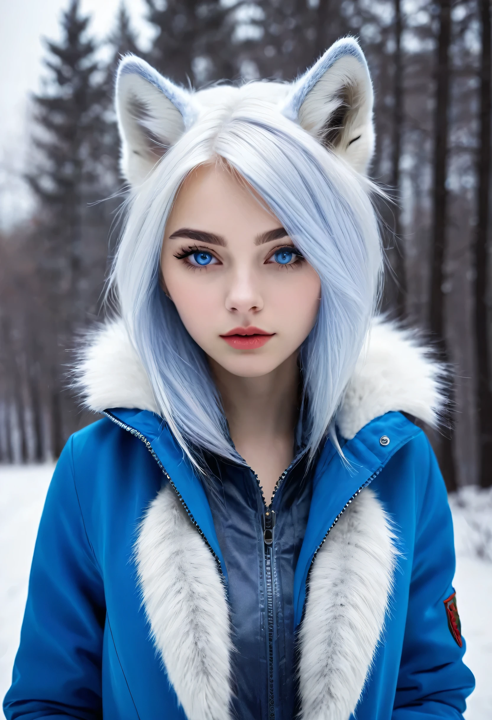 Russian girl white hairs blue ayes wearing wolf like jacekt and bikin under the jacket