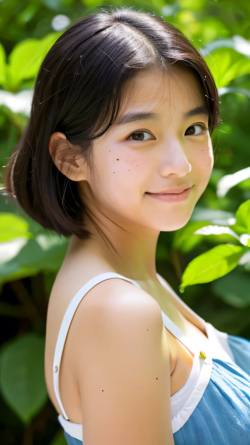 masterpiece High resolution Female student Delicate face natural atmosphere boyish 16 years old Mole Tanuki face Tank top Please open your mouth wide Listen to the Earth Listen to the Earth bright future A peaceful world