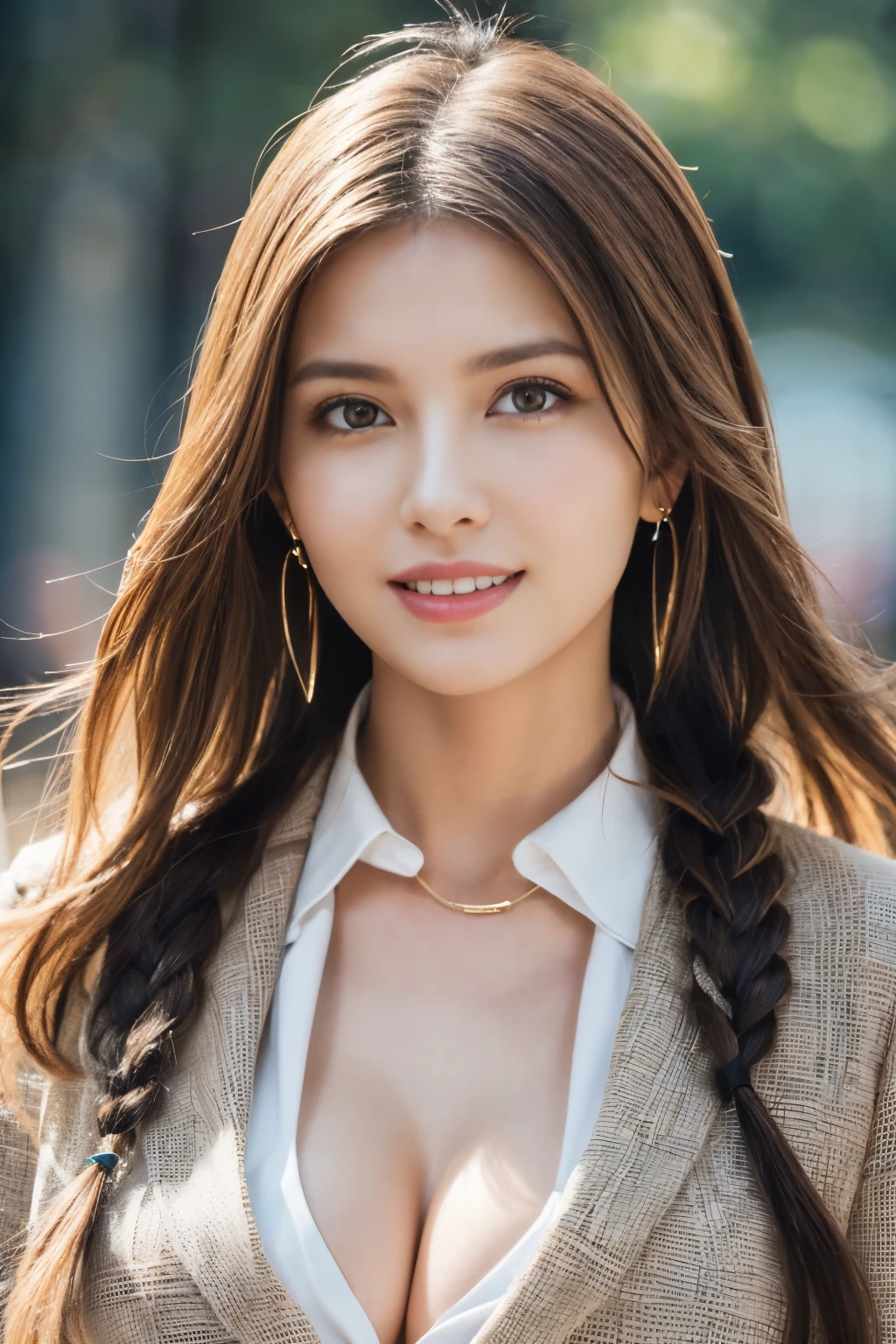Full Length Image, Masterpiece, Best Quality, Raw Photo, Photorealsitic, Beautiful Girl, Cute, Narrow Eyes, Hairstyle Arrangement, Depth of Field, Very High Resolution, (Realistic and Photorealistic: 1.37), High Resolution RAW Color Photo, Fine, Very Detail, Very Detailed Eyes and Face, Sharp Pupils Realistic American New York flowers, colorful and colorful flower garden background, best quality, realistic, ultra-fine, delicate, high resolution, 8 8K wallpaper, One beautiful woman, blond braids hair, large cleavage visible, wearing a flattering see-through dress shirt with open collar, sharp focus, perfect dynamic composition, delicate and beautiful eyes, thinning hair, fine and realistic skin texture, fine details, model body shape thinning hair, fine and realistic skin texture, smiling, dynamic angle, full body shot, elegant, model body shape, top quality, realistic, super detailed, fine details, high resolution, 8K wallpaper, One beautiful woman,,, light brown messy hair, wearing business suit, sharp focus, perfect dynamic composition, beautiful and detailed Eyes, Thinning Hair, Fine And Realistic Skin Texture, Smiling, Close-Up Portrait, Model's Body Shape, Cleavage, Poetic Shot, Glare And Shadows, Aestheticism, Melancholic Film