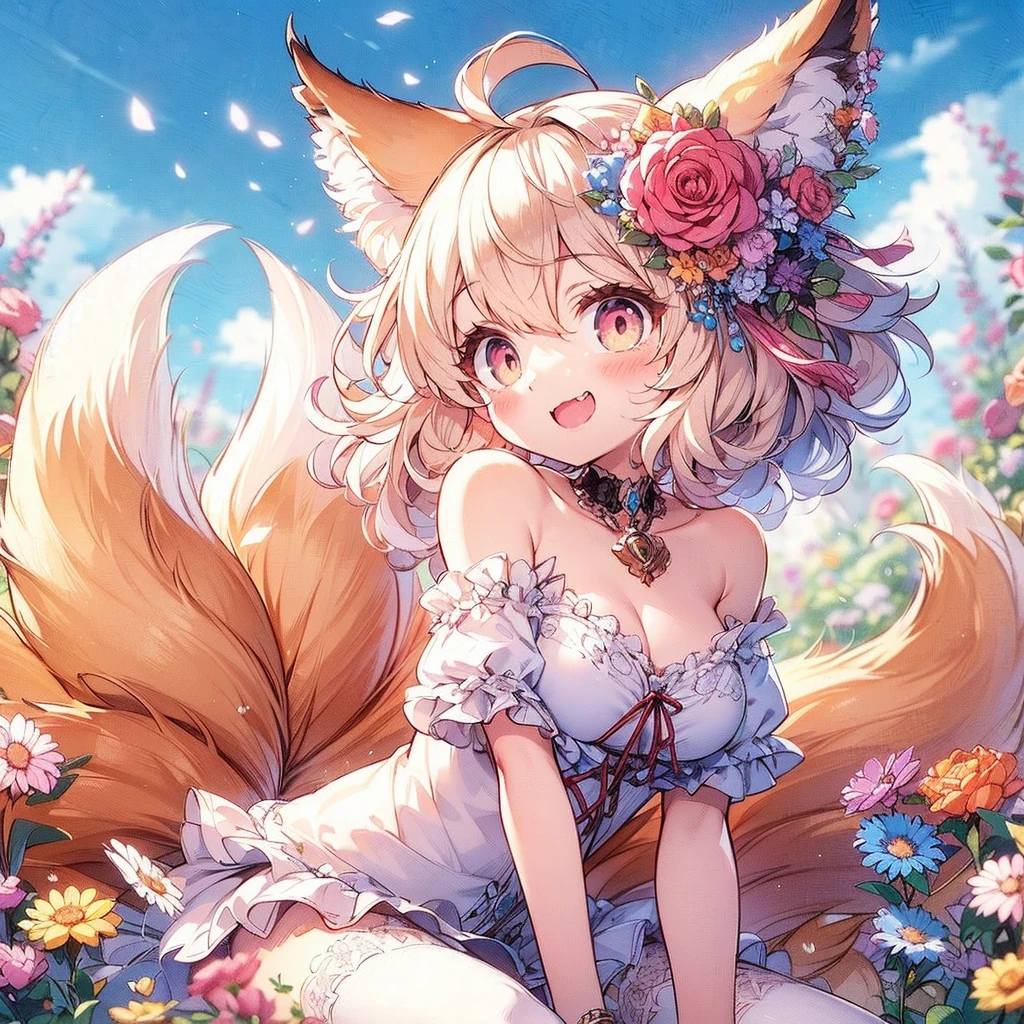 (Exquisite, beautiful, Very detailed, masterpiece, high quality,High resolution),(Well-formed face,Soft and thin lines: 1.2, Beautiful and delicate illustrations with a mature and transparent feel),Beautiful flowers々Petals fluttering,A very small girl with fluffy, soft cat ears and a thin, long, flexible cat tail is meowing sweetly.,She is wearing off-the-shoulder, fluffy, soft clothes with lace, frills, and ribbons, and knee-high socks.,(Short eyebrows and pale pink blush, Plump pink lips,A small nose, a cat-like mouth with sharp Japanese fangs visible when smiling, and cat-like eyes.,She has a fairly large bust, an open chest, fair skin, a nice body, and a long, slender cat's tail.,),Dynamic angles with vibrant colors and striking colors,The American shorthair has a fluffy, soft coat., Meow!