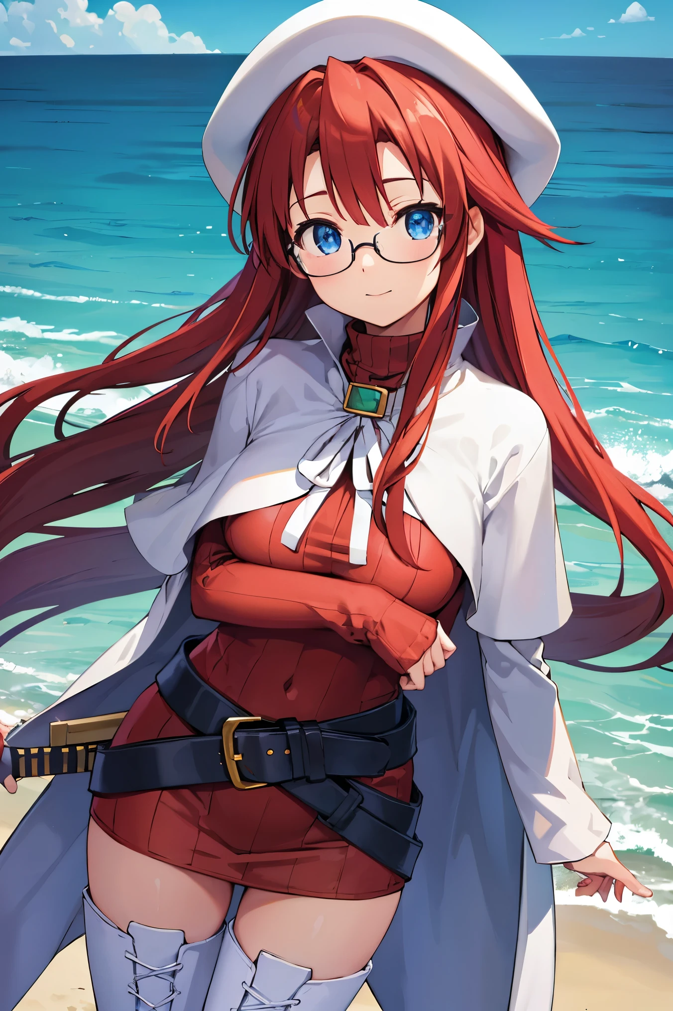 summonnightaty, aty, (young:1.3),long hair, blue eyes, red hair, big_berets, hat, glasses,
BREAK long hair, thighhighs, hat, dress, boots, glasses, belt, cape, sweater, zettai ryouiki, beret, thigh boots, white footwear, ribbed sweater, loose belt,solo,
BREAK outdoors, fantasy,on_beach,
,Highquality_hads,perfect_fingers,
BREAK (masterpiece:1.2), best quality, high resolution, unity 8k wallpaper, (illustration:0.8), (beautiful detailed eyes:1.6), extremely detailed face, perfect lighting, extremely detailed CG, (perfect hands, perfect anatomy),covered_nipples,covered_navel ,half_eyes,long_sword,sleepy,standing,red_sweater,apart_knees,magical_effect,spread_legs, have_a_book,teacher,rise_knee,Smile,rise_hand,look_down_viewer,spread_arms,sea​_waves