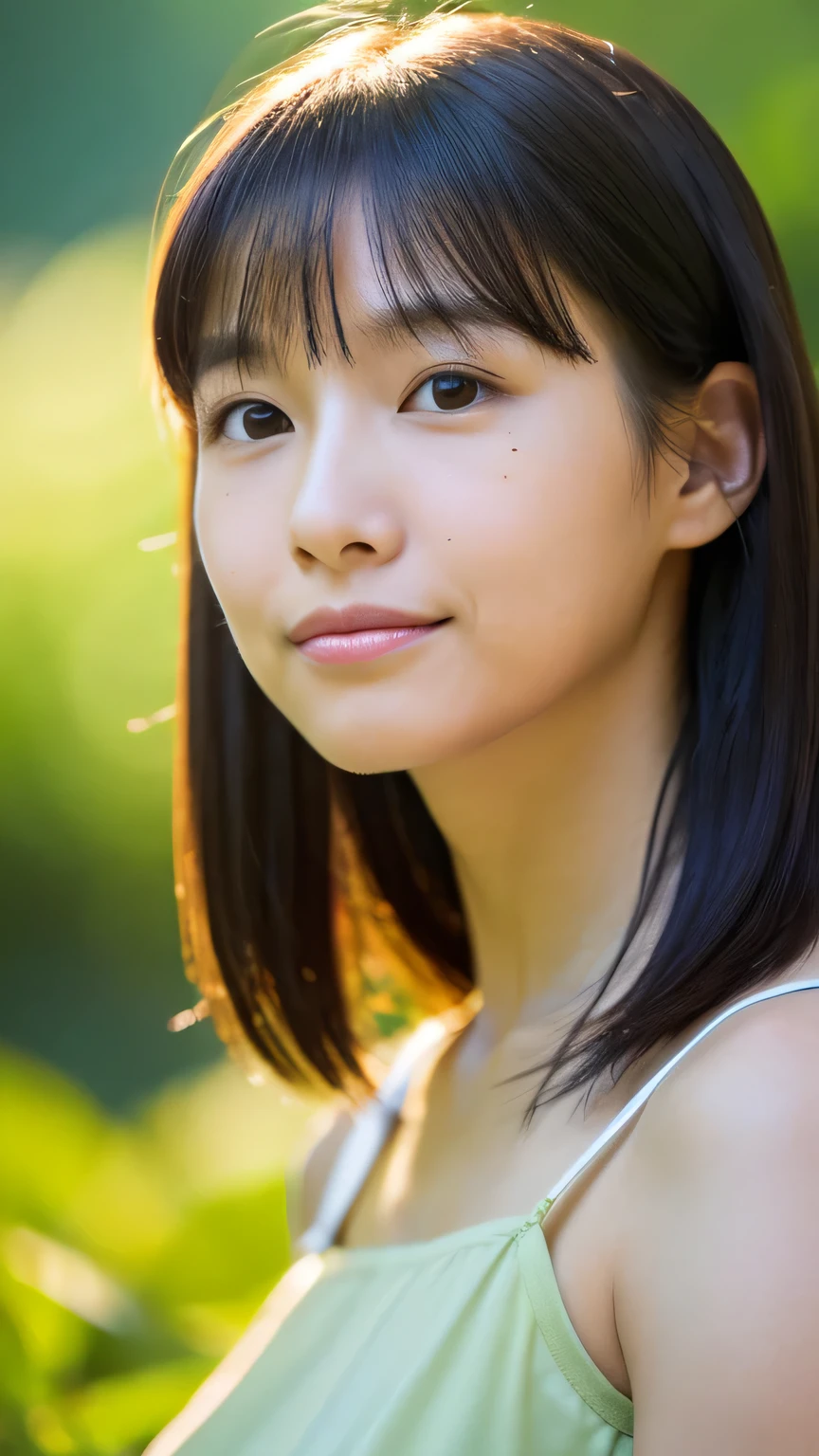 masterpiece High resolution Female student Delicate face natural atmosphere boyish Age 25 Mole Tanuki face Tank top Please open your mouth wide Listen to the Earth Listen to the Earth bright future A peaceful world