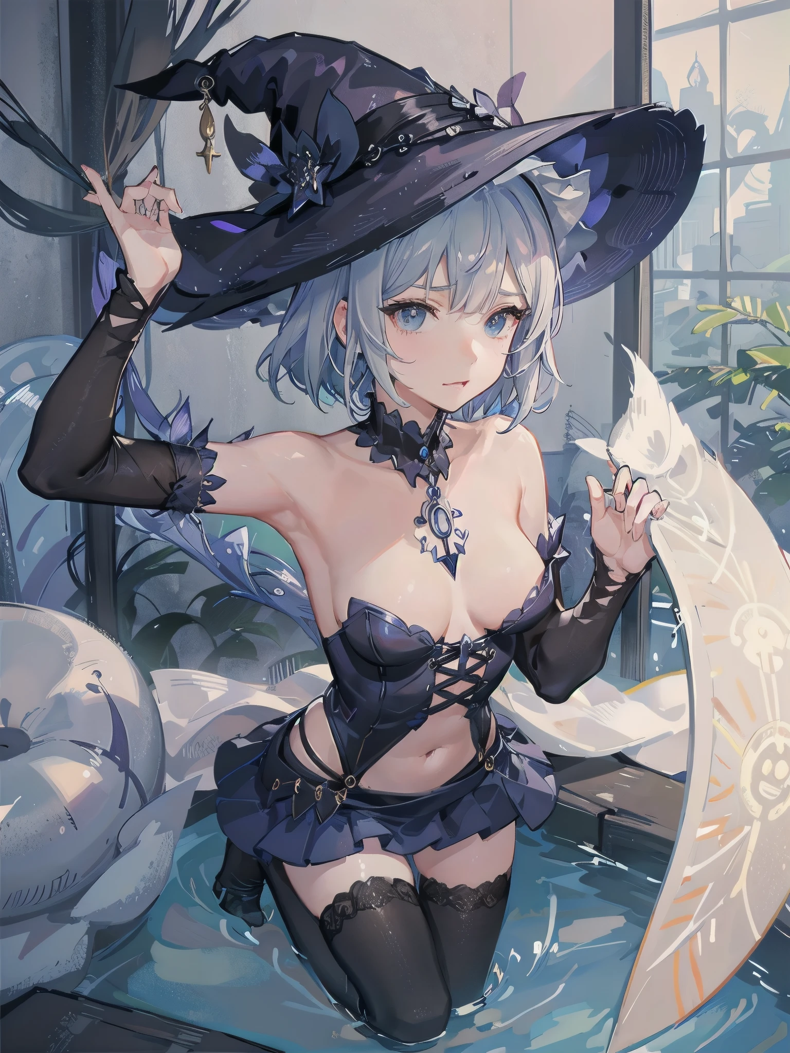 水が美しい神聖な神殿でグラビアポーズをしているnakedの女子高生、She has a grey lob and short bob hair and wears a large black witch hat with sapphire jewelry.、large and black witch's hat 、Small breasts、Small breasts、全naked、naked、Masturbation、Masturbation、I can see her breasts, navel, vagina, clitoris and labia majora.、一糸纏わぬnaked体、M-shaped legs、Spreading her pussy with her fingers、Open up、R18 Illustration、I can see her breasts, navel, vagina, clitoris and labia majora.、I'm blushing because I'm embarrassed