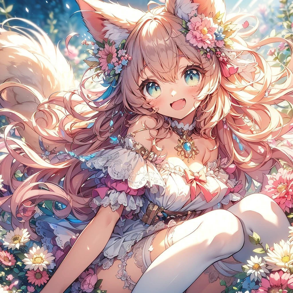 　(Exquisite, beautiful, Very detailed, masterpiece, high quality,High resolution),(Well-formed face,Soft and thin lines: 1.2, Beautiful and delicate illustrations with a mature and transparent feel),Beautiful flowers々Petals fluttering,A very  girl with fluffy, soft cat ears and a thin, long, flexible cat tail is meowing sweetly.,She is wearing off-the-shoulder, fluffy, soft clothes with lace, frills, and ribbons, and knee-high socks.,(Short eyebrows and pale pink blush, Plump pink lips,A small nose, a cat-like mouth with sharp Japanese fangs visible when smiling, and cat-like eyes.,She has a fairly large bust, an open chest, fair skin, a nice body, and a long, slender cat&#39;s tail.,),Dynamic angles with vibrant colors and striking colors,The American shorthair has a fluffy, soft coat., Meow!
