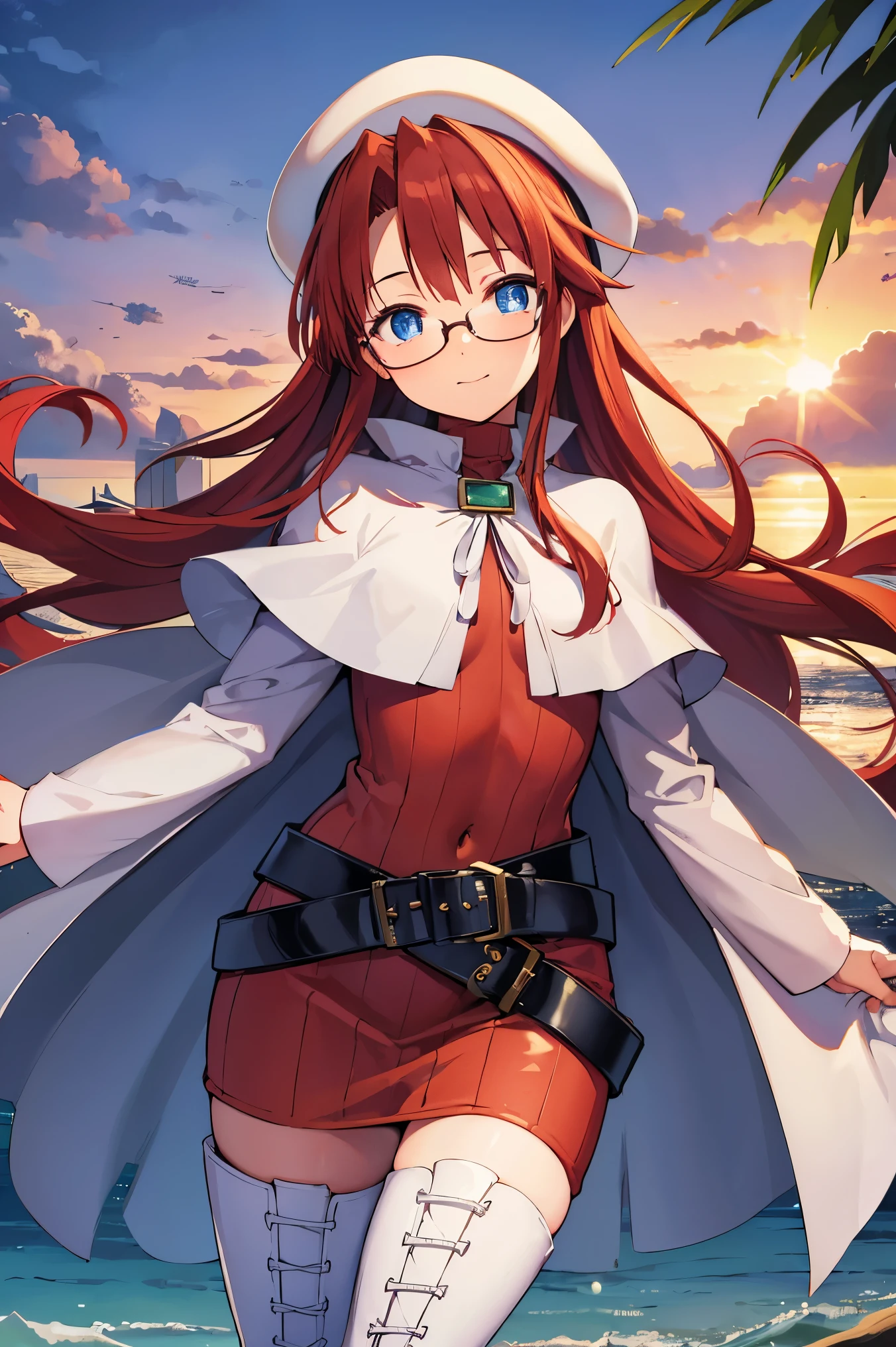 summonnightaty, aty, (young:1.3),long hair, blue eyes, red hair, big_berets, hat, glasses,
BREAK long hair, thighhighs, hat, dress, boots, glasses, belt, cape, sweater, zettai ryouiki, beret, thigh boots, white footwear, ribbed sweater, loose belt,solo,
BREAK outdoors, fantasy,on_beach,
,Highquality_hads,perfect_fingers,
BREAK (masterpiece:1.2), best quality, high resolution, unity 8k wallpaper, (illustration:0.8), (beautiful detailed eyes:1.6), extremely detailed face, perfect lighting, extremely detailed CG, (perfect hands, perfect anatomy),covered_nipples,covered_navel ,half_eyes,long_sword,sleepy,standing,red_sweater,apart_knees,magical_effect,spread_legs, have_a_book,teacher,rise_knee,Smile,rise_hand,look_down_viewer,spread_arms,sea​_waves