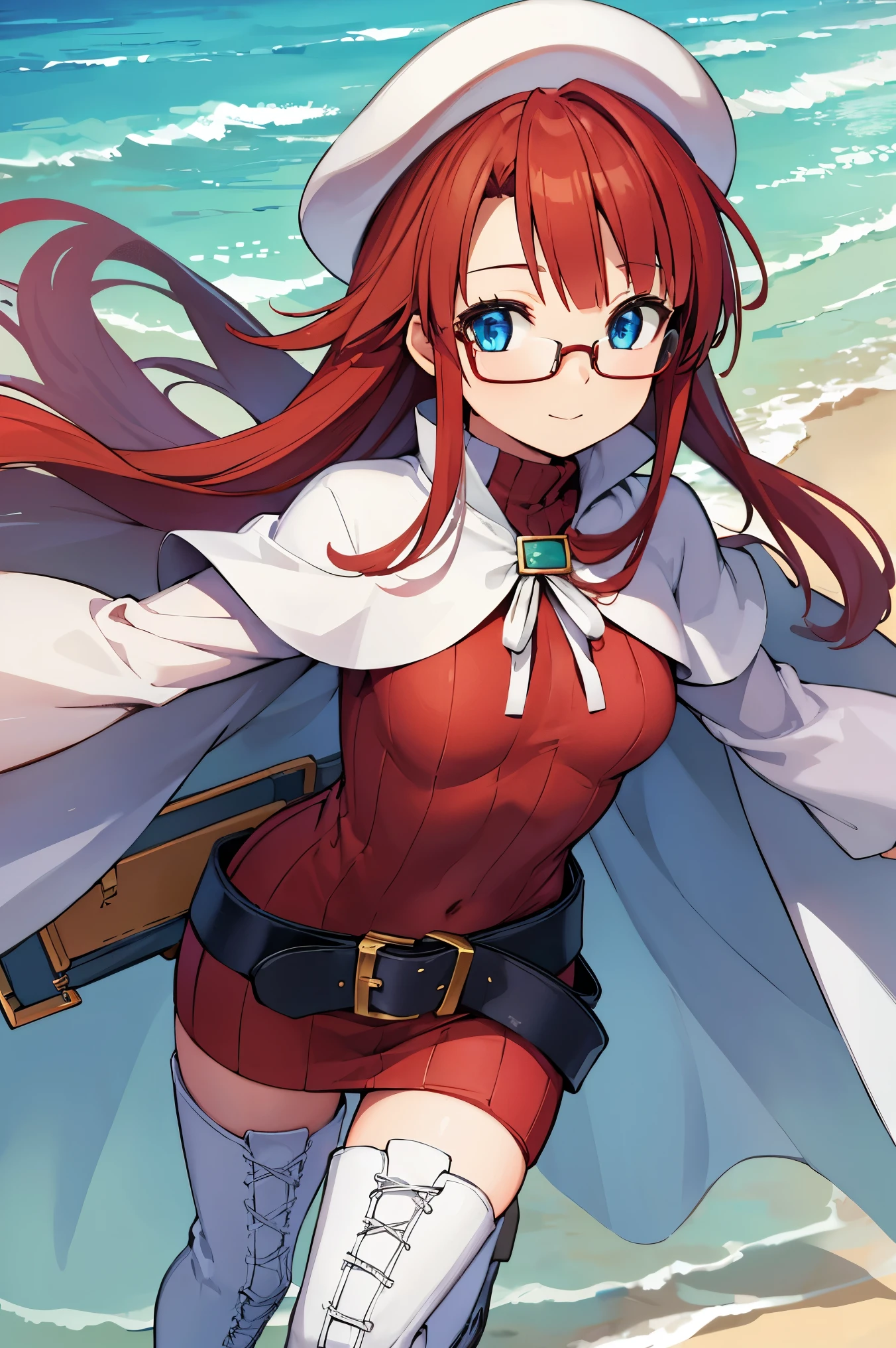 summonnightaty, aty, (young:1.3),long hair, blue eyes, red hair, big_berets, hat, glasses,
BREAK long hair, thighhighs, hat, dress, boots, glasses, belt, cape, sweater, zettai ryouiki, beret, thigh boots, white footwear, ribbed sweater, loose belt,solo,
BREAK outdoors, fantasy,on_beach,
,Highquality_hads,perfect_fingers,
BREAK (masterpiece:1.2), best quality, high resolution, unity 8k wallpaper, (illustration:0.8), (beautiful detailed eyes:1.6), extremely detailed face, perfect lighting, extremely detailed CG, (perfect hands, perfect anatomy),covered_nipples,covered_navel ,half_eyes,long_sword,sleepy,standing,red_sweater,apart_knees,magical_effect,spread_legs, have_a_book,teacher,rise_knee,Smile,rise_hand,look_down_viewer,spread_arms,sea​_waves