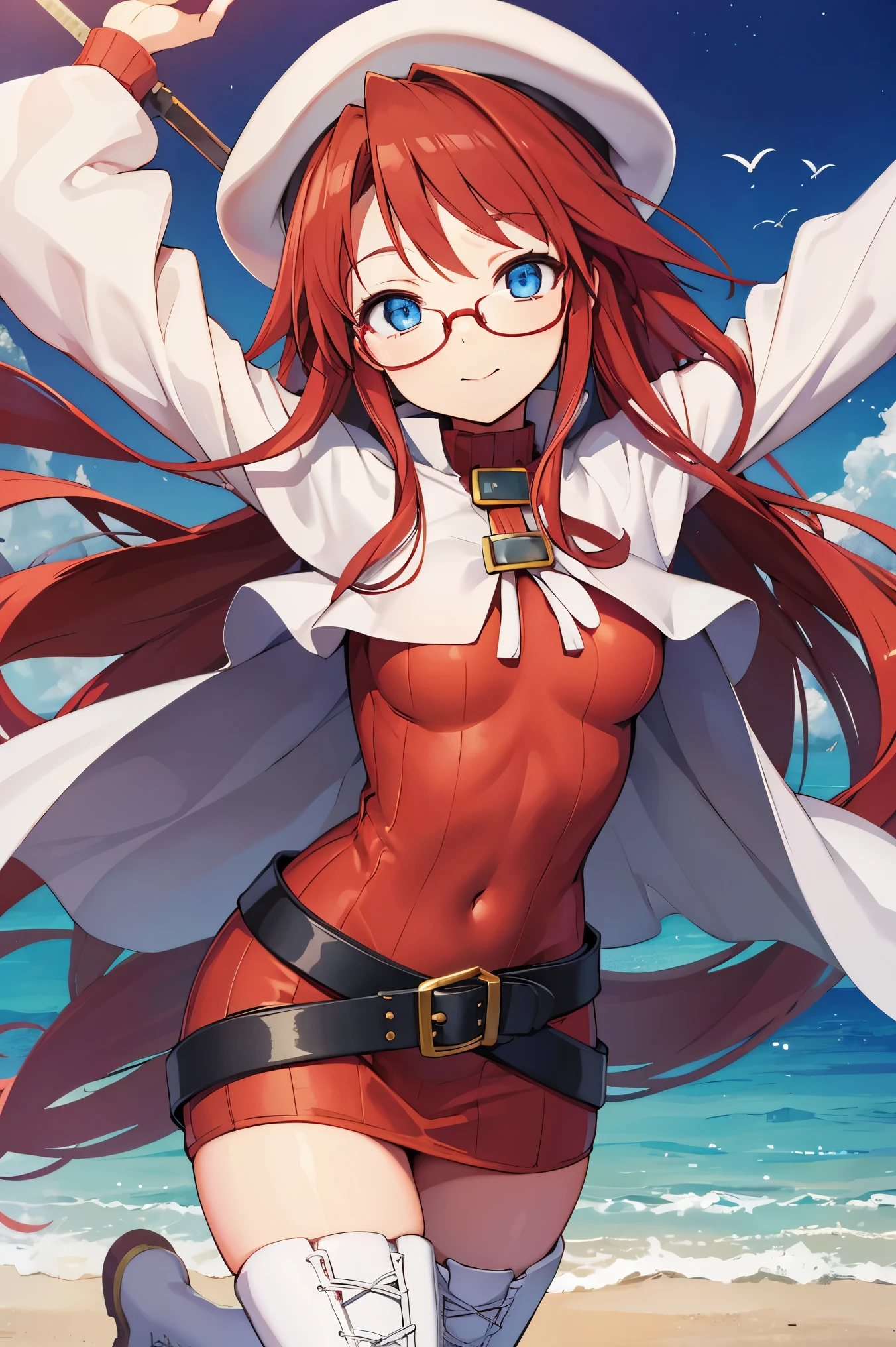 summonnightaty, aty, (young:1.3),long hair, blue eyes, red hair, big_berets, hat, glasses,
BREAK long hair, thighhighs, hat, dress, boots, glasses, belt, cape, sweater, zettai ryouiki, beret, thigh boots, white footwear, ribbed sweater, loose belt,solo,
BREAK outdoors, fantasy,on_beach,
,Highquality_hads,perfect_fingers,
BREAK (masterpiece:1.2), best quality, high resolution, unity 8k wallpaper, (illustration:0.8), (beautiful detailed eyes:1.6), extremely detailed face, perfect lighting, extremely detailed CG, (perfect hands, perfect anatomy),covered_nipples,covered_navel ,half_eyes,long_sword,sleepy,standing,red_sweater,apart_knees,magical_effect,spread_legs, have_a_book,teacher,rise_knee,Smile,rise_hand,look_down_viewer,spread_arms,sea​_waves