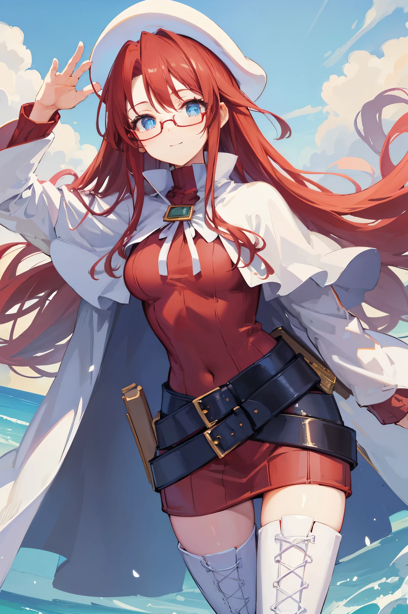 summonnightaty, aty, (young:1.3),long hair, blue eyes, red hair, big_berets, hat, glasses,
BREAK long hair, thighhighs, hat, dress, boots, glasses, belt, cape, sweater, zettai ryouiki, beret, thigh boots, white footwear, ribbed sweater, loose belt,solo,
BREAK outdoors, fantasy,on_beach,
,Highquality_hads,perfect_fingers,
BREAK (masterpiece:1.2), best quality, high resolution, unity 8k wallpaper, (illustration:0.8), (beautiful detailed eyes:1.6), extremely detailed face, perfect lighting, extremely detailed CG, (perfect hands, perfect anatomy),covered_nipples,covered_navel ,half_eyes,long_sword,sleepy,standing,red_sweater,apart_knees,magical_effect,spread_legs, have_a_book,teacher,rise_knee,Smile,rise_hand,look_down_viewer,spread_arms,sea​_waves