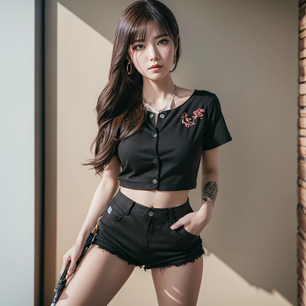 (วอลล์เปเปอร์ CG unity 8k ที่very detailed),(Masterpiece), (best quality), (very detailed), (best illustrations),(best shadow), cowboy shoot, (sharp eyeliner, eyelid, Detailed eyes:1.1), (city background:1.2), ,Take a break , Version 3 (Girls' frontline), , 3D,8k,