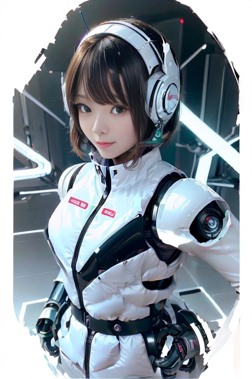 A girl in a futuristic bright white heavily armored robot suit takes a photo、perfect android girl, Female cyborg body, Perfect anime cyborg woman, Beautiful female android!, Female Robot, completely robot!! girl, Cute cyborg girl, Cyber Suit, Girl wearing mecha cybernetic armor, Cyber Suit, beutiful white girl cyborg, Beautiful female android, Beautiful girl cyborg、Cute cyborg girl with short bob hair、Beautiful android sculpture model、(Laughter)、((Rounded, white, sturdy armor))、(((Equipped with long sensor antennas on both ears)))、(((Robot Girl)))、(((Android girls)))、