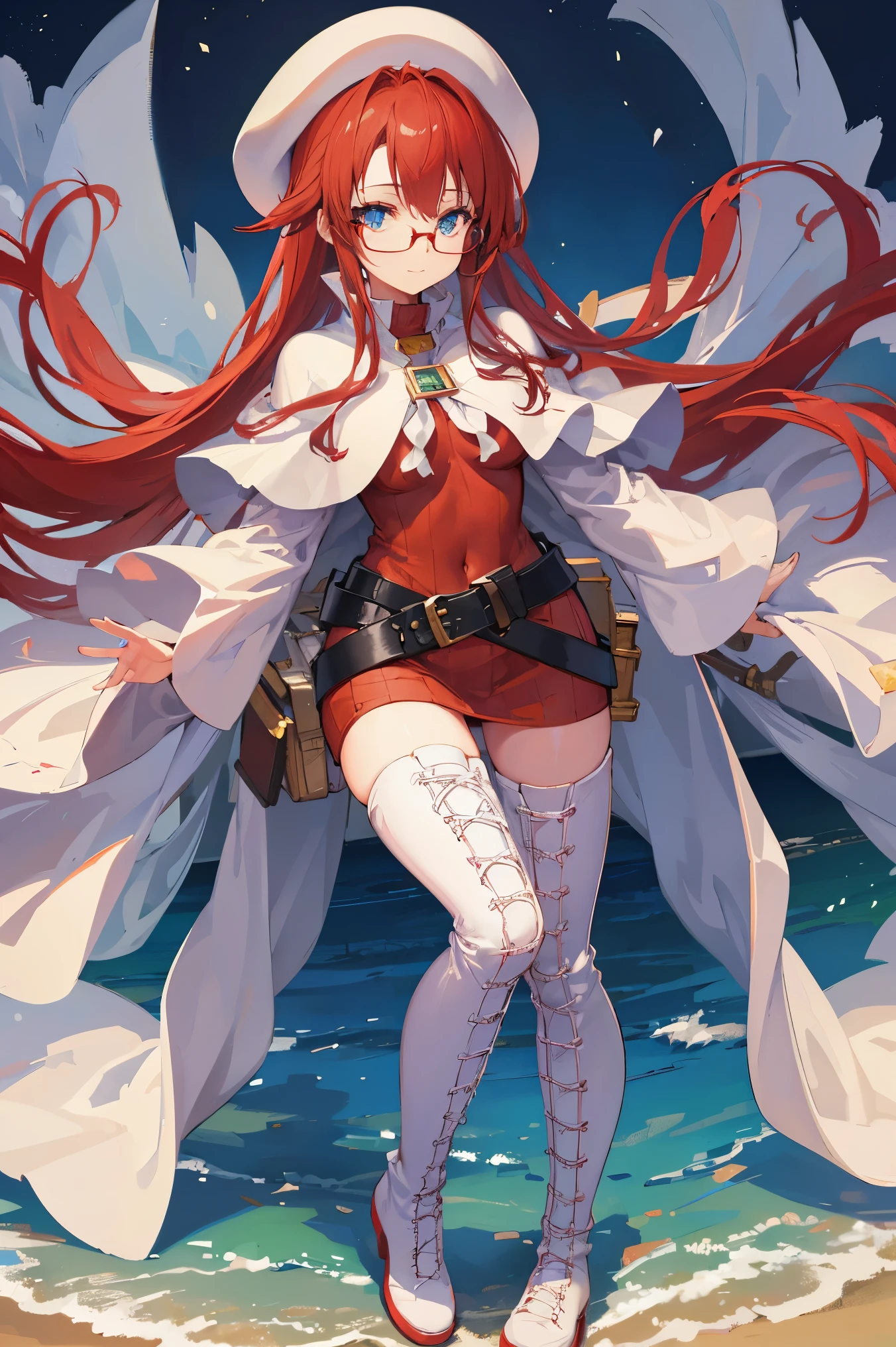 summonnightaty, aty, (young:1.3),long hair, blue eyes, red hair, big_berets, hat, glasses,
BREAK long hair, thighhighs, hat, dress, boots, glasses, belt, cape, sweater, zettai ryouiki, beret, thigh boots, white footwear, ribbed sweater, loose belt,solo,
BREAK outdoors, fantasy,on_beach,
,Highquality_hads,perfect_fingers,
BREAK (masterpiece:1.2), best quality, high resolution, unity 8k wallpaper, (illustration:0.8), (beautiful detailed eyes:1.6), extremely detailed face, perfect lighting, extremely detailed CG, (perfect hands, perfect anatomy),covered_nipples,covered_navel ,half_eyes,long_sword,sleepy,standing,red_sweater,apart_knees,magical_effect,spread_legs, have_a_book,teacher,rise_knee,Smile,rise_hand,look_down_viewer,spread_arms,sea​_waves