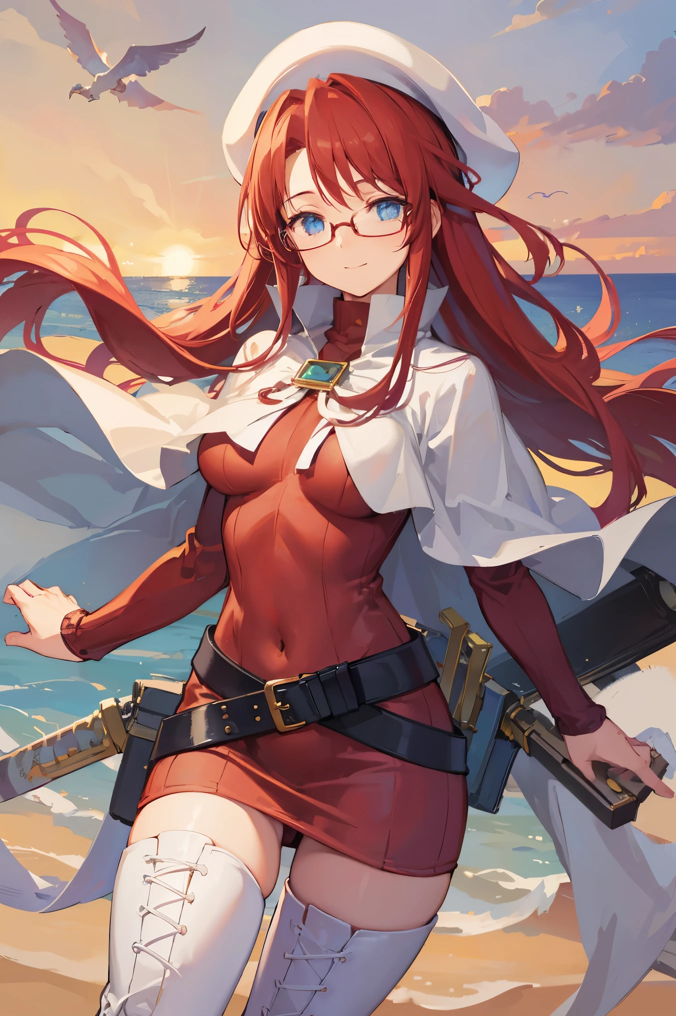 summonnightaty, aty, (young:1.3),long hair, blue eyes, red hair, big_berets, hat, glasses,
BREAK long hair, thighhighs, hat, dress, boots, glasses, belt, cape, sweater, zettai ryouiki, beret, thigh boots, white footwear, ribbed sweater, loose belt,solo,
BREAK outdoors, fantasy,on_beach,
,Highquality_hads,perfect_fingers,
BREAK (masterpiece:1.2), best quality, high resolution, unity 8k wallpaper, (illustration:0.8), (beautiful detailed eyes:1.6), extremely detailed face, perfect lighting, extremely detailed CG, (perfect hands, perfect anatomy),covered_nipples,covered_navel ,half_eyes,long_sword,sleepy,standing,red_sweater,apart_knees,magical_effect,spread_legs, have_a_book,teacher,rise_knee,Smile,rise_hand,look_down_viewer,spread_arms,sea​_waves