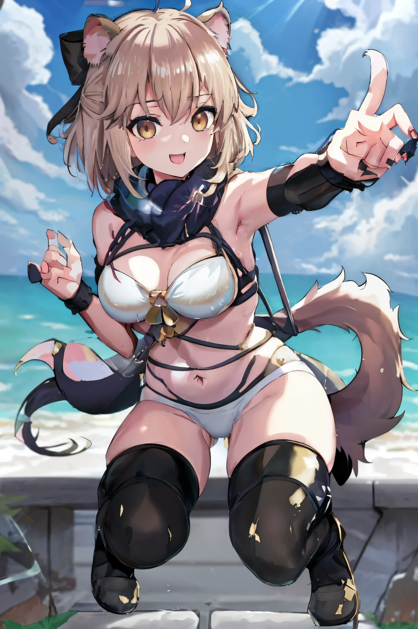 masterpiece, best quality,extremely detailed CG unity 8k wallpaper,
1girl,okita_souji_swimsuit \(fate\),
smile,shy,squat,middle_breasts,navel,thighs,happy,gold_eyes,apart_thighs,apart_knees,rise_knee,covered_pussy,dangerousbeast,(dangerousbeast:1.5),perfect_hands,single_up_hair,thigh-highs,wolf_ears,selfie,squat