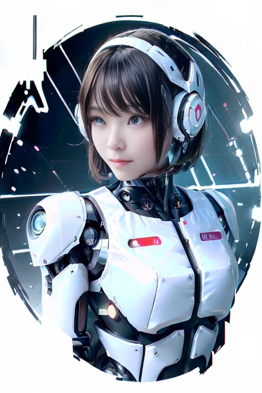 A girl in a futuristic bright white heavily armored robot suit takes a photo、perfect android girl, Female cyborg body, Perfect anime cyborg woman, Beautiful female android!, Female Robot, completely robot!! girl, Cute cyborg girl, Cyber Suit, Girl wearing mecha cybernetic armor, Cyber Suit, beutiful white girl cyborg, Beautiful female android, Beautiful girl cyborg、Cute cyborg girl with short bob hair、Beautiful android sculpture model、(Laughter)、((Rounded, white, sturdy armor))、(((Equipped with long sensor antennas on both ears)))、(((Robot Girl)))、(((Android girls)))、