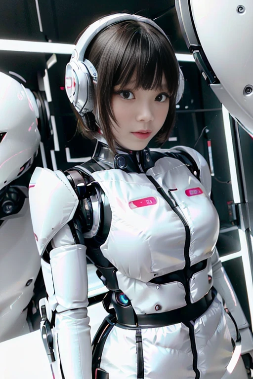 A girl in a futuristic bright white heavily armored robot suit takes a photo、perfect android girl, Female cyborg body, Perfect anime cyborg woman, Beautiful female android!, Female Robot, completely robot!! girl, Cute cyborg girl, Cyber Suit, Girl wearing mecha cybernetic armor, Cyber Suit, beutiful white girl cyborg, Beautiful female android, Beautiful girl cyborg、Cute cyborg girl with short bob hair、Beautiful android sculpture model、(Laughter)、((Rounded, white, sturdy armor))、(((Equipped with long sensor antennas on both ears)))、(((Robot Girl)))、(((Android girls)))、