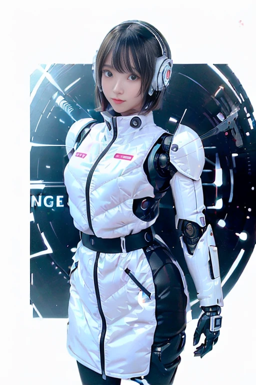 A girl in a futuristic bright white heavily armored robot suit takes a photo、perfect android girl, Female cyborg body, Perfect anime cyborg woman, Beautiful female android!, Female Robot, completely robot!! girl, Cute cyborg girl, Cyber Suit, Girl wearing mecha cybernetic armor, Cyber Suit, beutiful white girl cyborg, Beautiful female android, Beautiful girl cyborg、Cute cyborg girl with short bob hair、Beautiful android sculpture model、(Laughter)、((Rounded, white, sturdy armor))、(((Equipped with long sensor antennas on both ears)))、(((Robot Girl)))、(((Android girls)))、