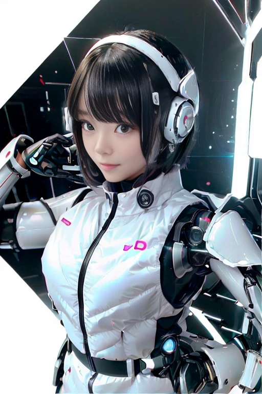A girl in a futuristic bright white heavily armored robot suit takes a photo、perfect android girl, Female cyborg body, Perfect anime cyborg woman, Beautiful female android!, Female Robot, completely robot!! girl, Cute cyborg girl, Cyber Suit, Girl wearing mecha cybernetic armor, Cyber Suit, beutiful white girl cyborg, Beautiful female android, Beautiful girl cyborg、Cute cyborg girl with short bob hair、Beautiful android sculpture model、(Laughter)、((Rounded, white, sturdy armor))、(((Equipped with long sensor antennas on both ears)))、(((Robot Girl)))、(((Android girls)))、
