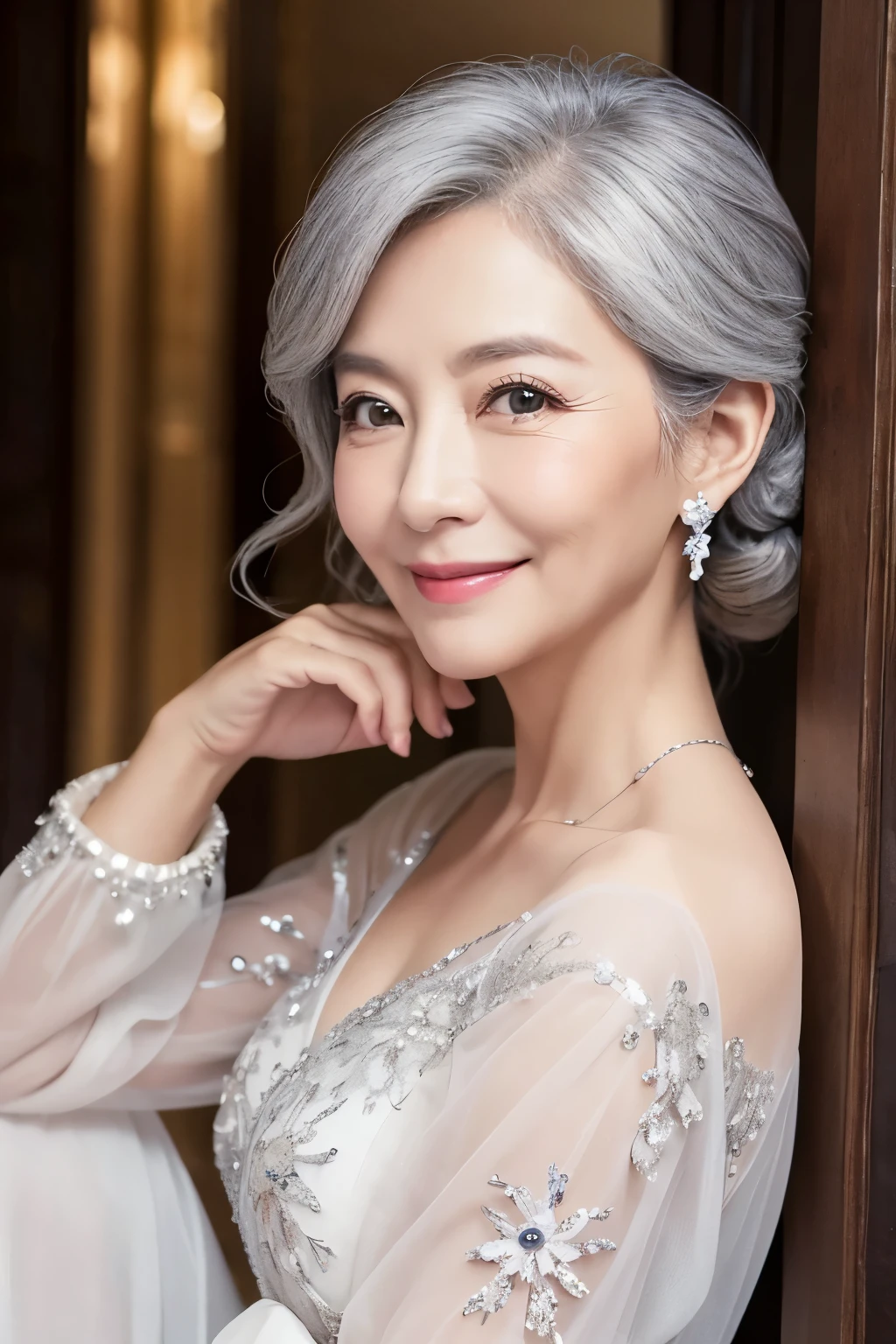 62 years old。smile、Your eyes are sparkling、Gray Hair、upper class、dignity、haute couture、