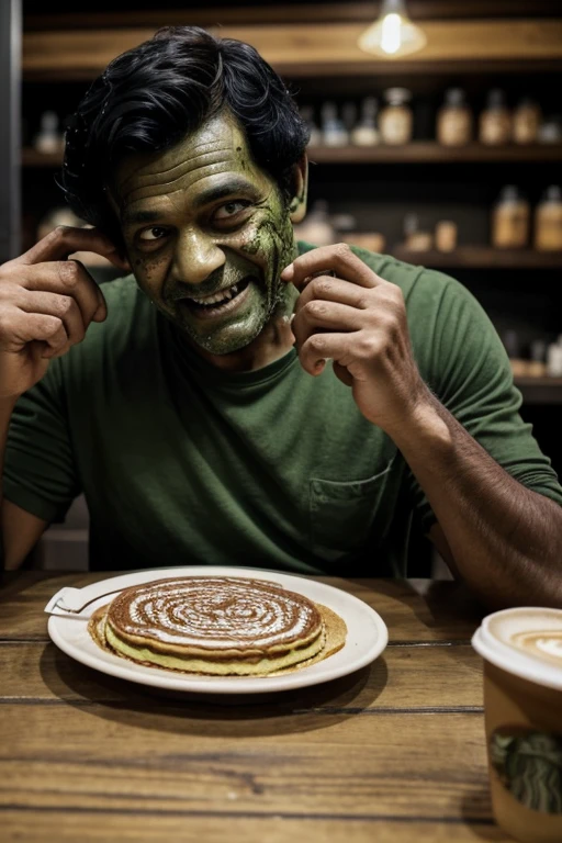 Zombie, male, middle-aged, decay, green skin tone, dirty full-body photo, very worn clothes, looking at smartphone screen, touching smartphone, dirty skin, dirty hands, selfie, full body visible, smiling, jumping for joy, at Starbucks, sitting at table, coffee, mille crepe, chubby, black hair