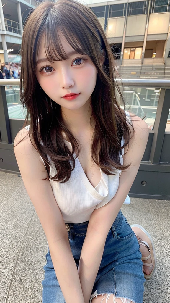 highest quality, shape, Very detailed, finely, High resolution, 8k wallpaper, Perfect dynamic composition, Beautiful and detailed, Summer clothes,Medium Hair,Natural color lip,smile,20-year-old girl、Midnight、Beautiful and elaborate face、Perfect and beautiful face、Slim face and figure,spread your arms wide,Big eyes,Take a photo with your face raised from below your knees、Small face、Beautifully detailed face、Perfect and beautiful double eyelids、Big cleavage、Long, slender legs、One Woman、gravure、Skinny jeans、Watching the audience、Arena