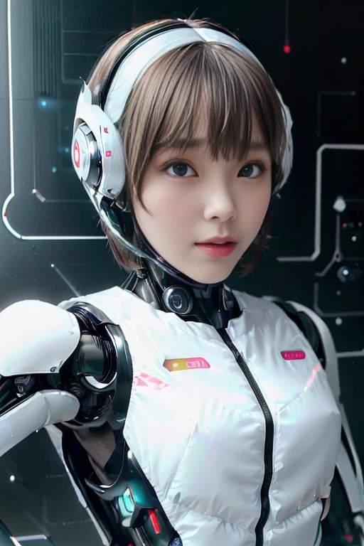A girl in a futuristic bright white heavily armored robot suit takes a photo、perfect android girl, Female cyborg body, Perfect anime cyborg woman, Beautiful female android!, Female Robot, completely robot!! girl, Cute cyborg girl, Cyber Suit, Girl wearing mecha cybernetic armor, Cyber Suit, beutiful white girl cyborg, Beautiful female android, Beautiful girl cyborg、Cute cyborg girl with short bob hair、Beautiful android sculpture model、(Laughter)、((Rounded, white, sturdy armor))、(((Equipped with long sensor antennas on both ears)))、(((Robot Girl)))、(((Android girls)))、