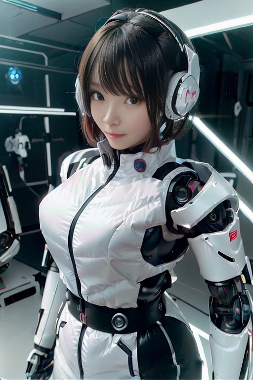 A girl in a futuristic bright white heavily armored robot suit takes a photo、perfect android girl, Female cyborg body, Perfect anime cyborg woman, Beautiful female android!, Female Robot, completely robot!! girl, Cute cyborg girl, Cyber Suit, Girl wearing mecha cybernetic armor, Cyber Suit, beutiful white girl cyborg, Beautiful female android, Beautiful girl cyborg、Cute cyborg girl with short bob hair、Beautiful android sculpture model、(Laughter)、((Rounded, white, sturdy armor))、(((Equipped with long sensor antennas on both ears)))、(((Robot Girl)))、(((Android girls)))、