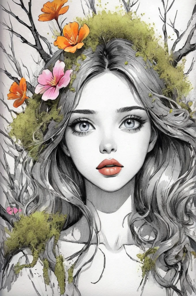 beautiful girl, sketch artstyle, monochrome, sketch artstyle BREAK flowers moss, tree branches, illustration, watercolor sketch, (best quality), intricate detailed, Colored vegetation colorful flowers colorful lips colorful eyes