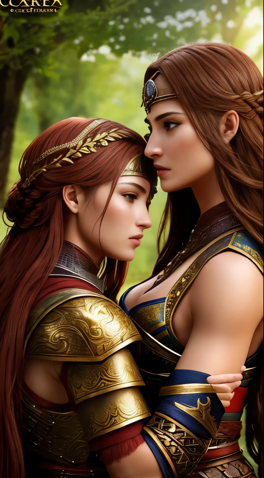 a beautiful female warrior and a beautiful female warrior, side to side  they are caressing each other, 8k, ultra realistic, extremely detailed