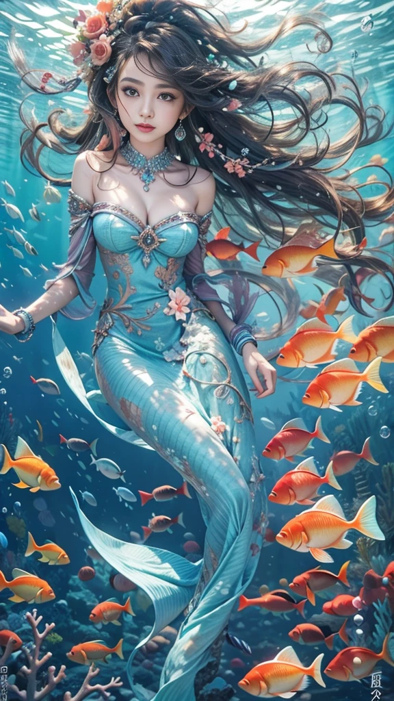 (RAW shooting, 32k:1.5, highest quality, masterpiece, Ultra-high resolution), (Deep sea at night:1.0, Dramatic moonlight:0.7, Mysterious underwater world:1.3, Expressions of sadness:1.0), Side Shot, Fractal Art:1.3, Perfect dynamic composition:1.3, Very detailedな肌と顔の質感:1.2, Dynamic flow of water waves:1.3, Beautiful shell and coral decoration, Surrounded by lots of colorful fish, Rich underwater vegetation, (The subject is being viewed from a distance:1.3, Slim mermaid figure:1.0, Shimmering Scales, Mermaid tail:0.5), elegant and sophisticated, Fair skin, Incredibly slim body:0.8, Very beautiful face, Water droplets on the skin, Very accurate, Very detailed, Gorgeous blue shiny mermaid dress portrait:0.8, Big eyes that exude beauty, Beautiful big lips,, Unreal atmosphere, necklace, Earrings, bracelet