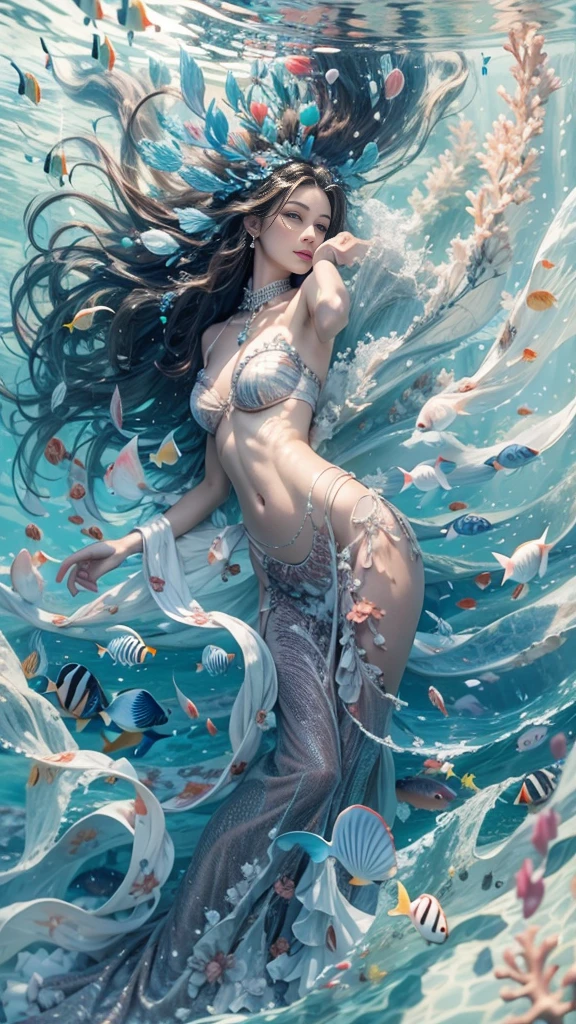 (RAW shooting, 32k:1.5, highest quality, masterpiece, Ultra-high resolution), (Deep sea at night:1.0, Dramatic moonlight:0.7, Mysterious underwater world:1.3, Expressions of sadness:1.0), Side Shot, Fractal Art:1.3, Perfect dynamic composition:1.3, Very detailedな肌と顔の質感:1.2, Dynamic flow of water waves:1.3, Beautiful shell and coral decoration, Surrounded by lots of colorful fish, Rich underwater vegetation, (The subject is being viewed from a distance:1.3, Slim mermaid figure:1.0, Shimmering Scales, Mermaid tail:0.5), elegant and sophisticated, Fair skin, Incredibly slim body:0.8, Very beautiful face, Water droplets on the skin, Very accurate, Very detailed, Gorgeous blue shiny mermaid dress portrait:0.8, Big eyes that exude beauty, Beautiful big lips,, Unreal atmosphere, necklace, Earrings, bracelet