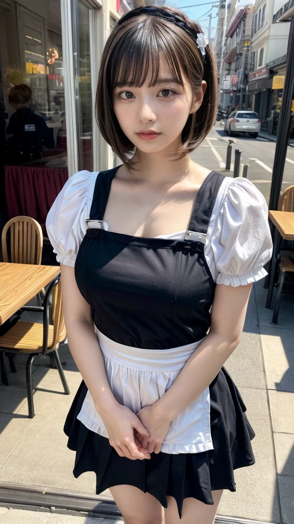 masterpiece, best quality, illustration, Super detailed, fine details, High resolution, 8K,wall paper, perfect dynamic composition,(Details High quality, realistic depiction of eyes:1.3), waitress uniform, restaurant, beautiful chest,very heavy chest, large breasts, short bob hair、black hair color, Big Natural Color Lip, perfect body shape, crying a little、cold gaze, Harajuku style、20 year old girl、cute type、lolita、beautiful legs, focus on crotch, full body photo, gravure idol